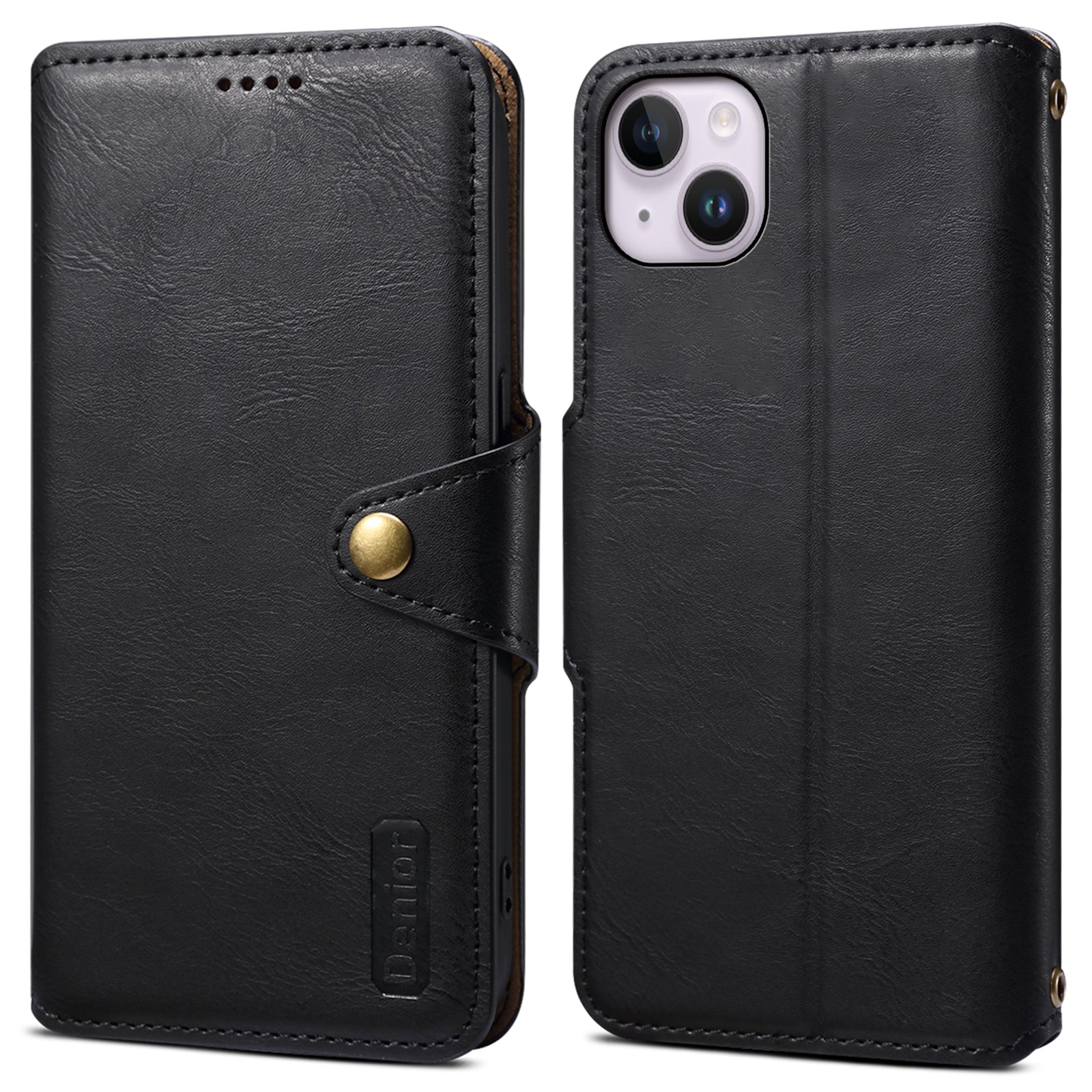 DENIOR For iPhone 14 Plus Shockproof Case Cowhide Texture Stand Mobile Phone Cover