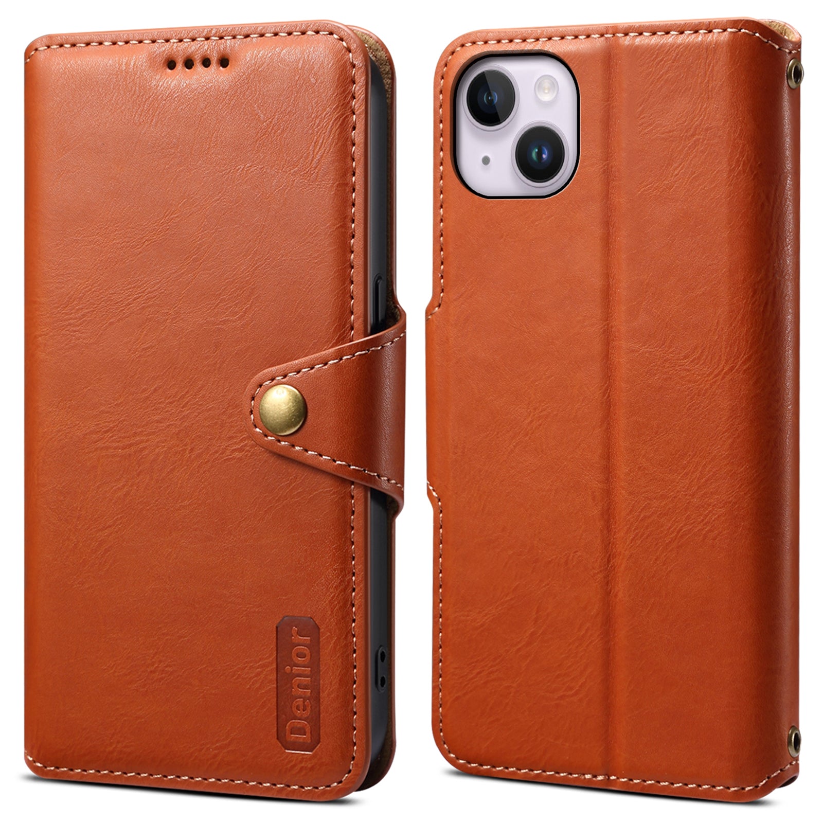 DENIOR For iPhone 14 Plus Shockproof Case Cowhide Texture Stand Mobile Phone Cover