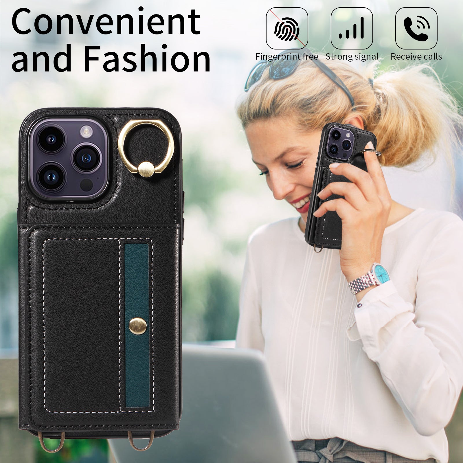 007 For iPhone 14 Pro Max Crossbody Case Leather+TPU Card Holder Phone Cover