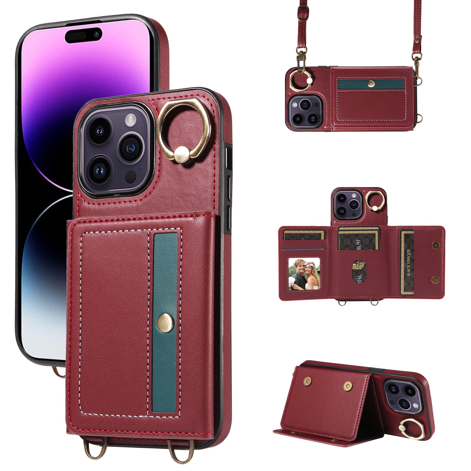 007 For iPhone 14 Pro Max Crossbody Case Leather+TPU Card Holder Phone Cover