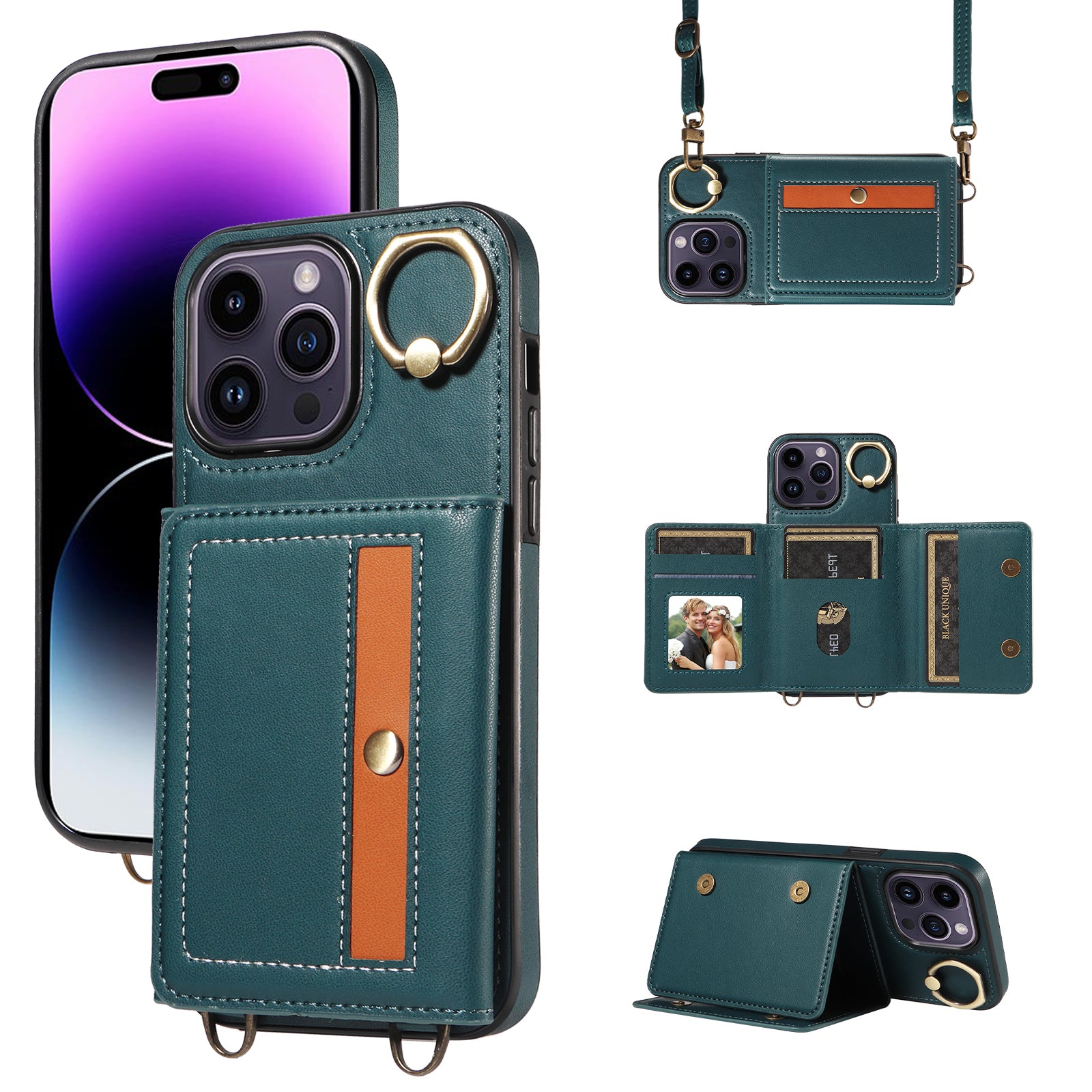 007 For iPhone 14 Pro Max Crossbody Case Leather+TPU Card Holder Phone Cover