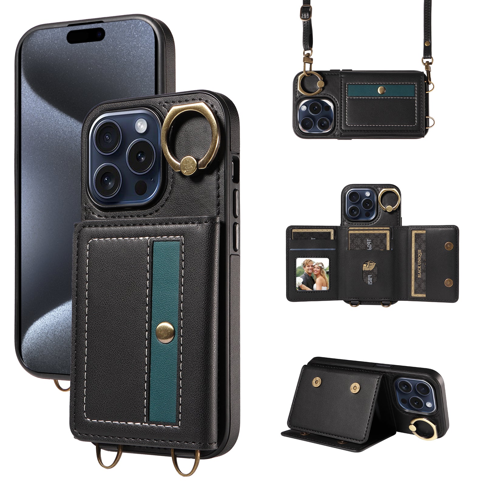 007 For iPhone 15 Pro Case with Ring Holder Leather+TPU Phone Cover