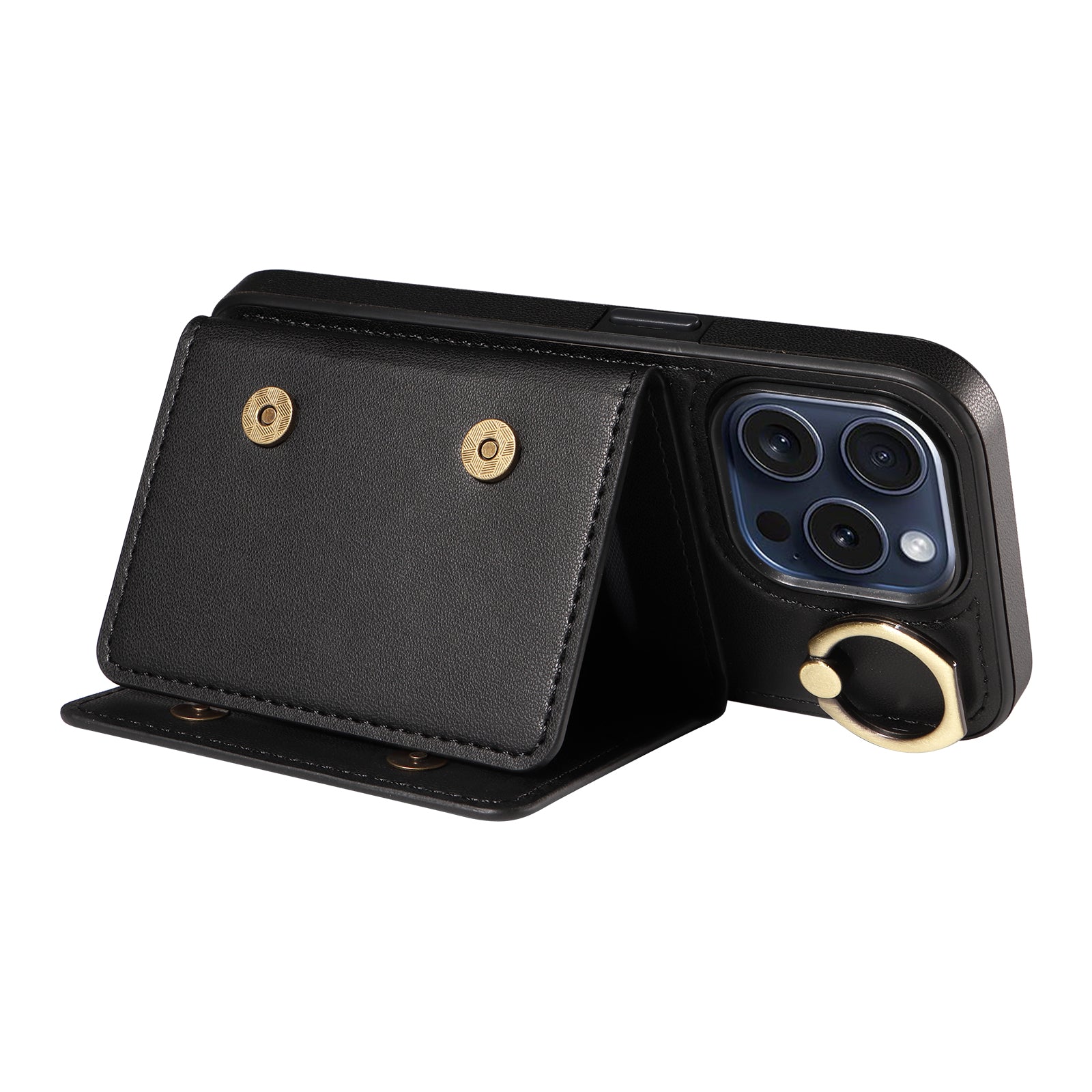 007 For iPhone 15 Pro Case with Ring Holder Leather+TPU Phone Cover