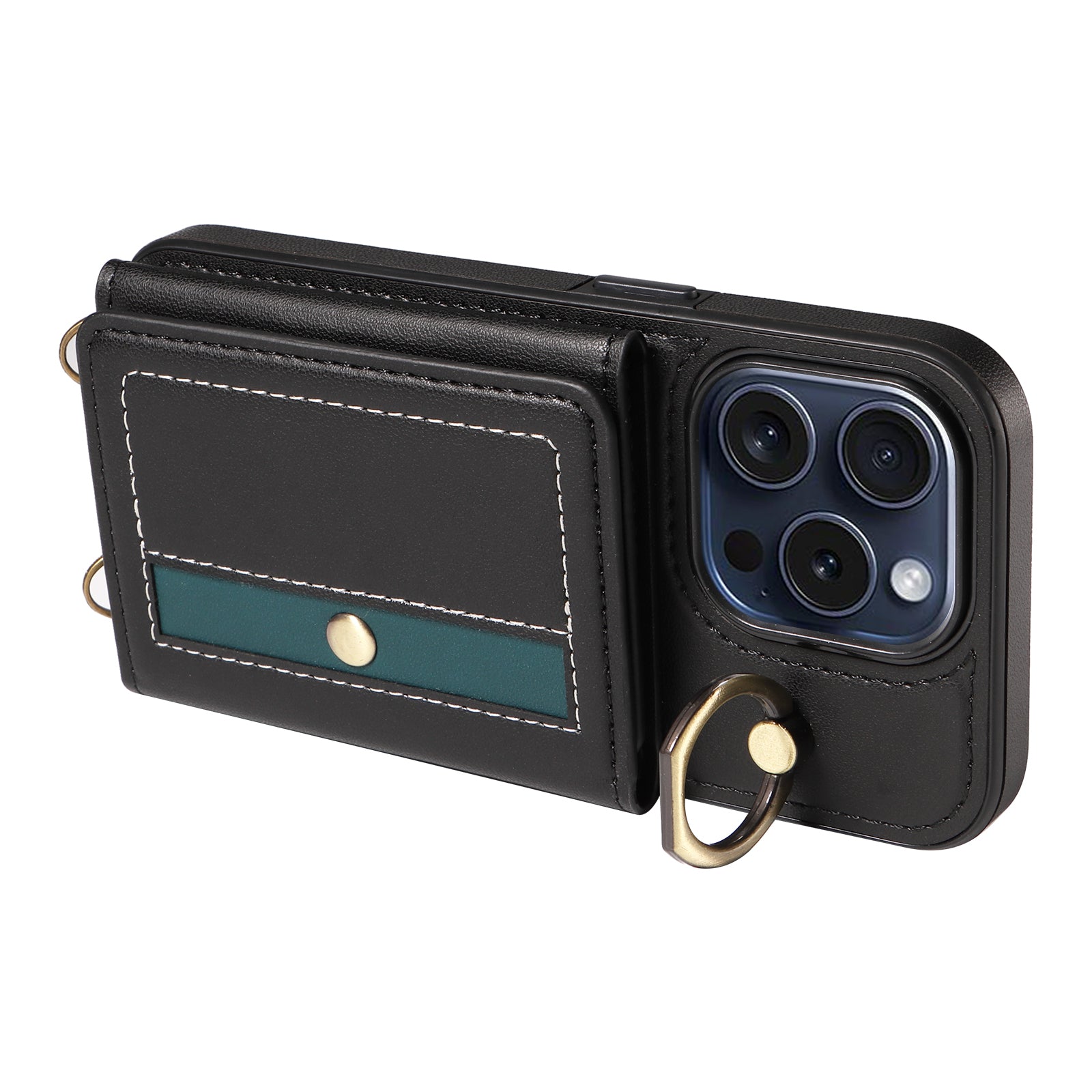 007 For iPhone 15 Pro Case with Ring Holder Leather+TPU Phone Cover