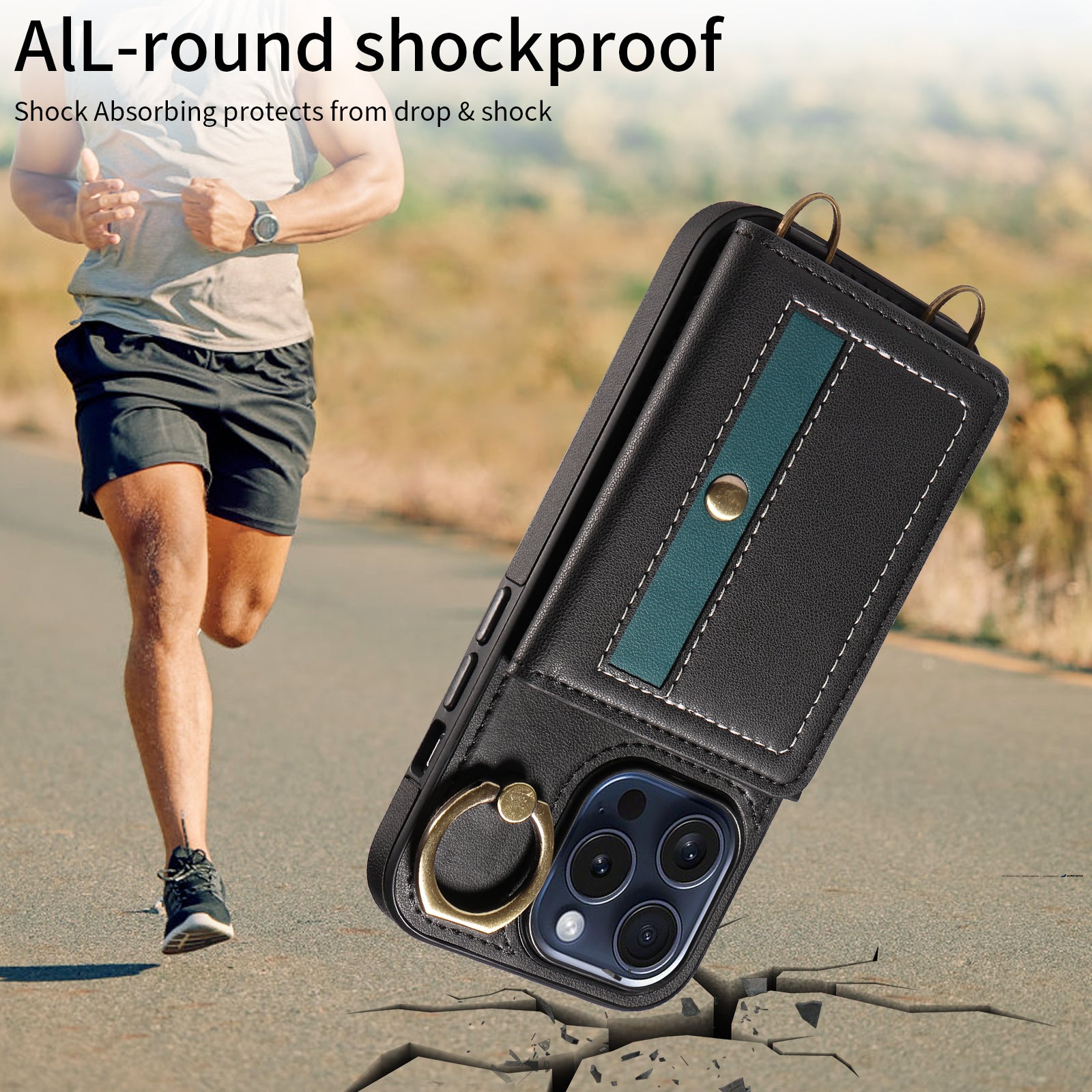 007 For iPhone 15 Pro Case with Ring Holder Leather+TPU Phone Cover