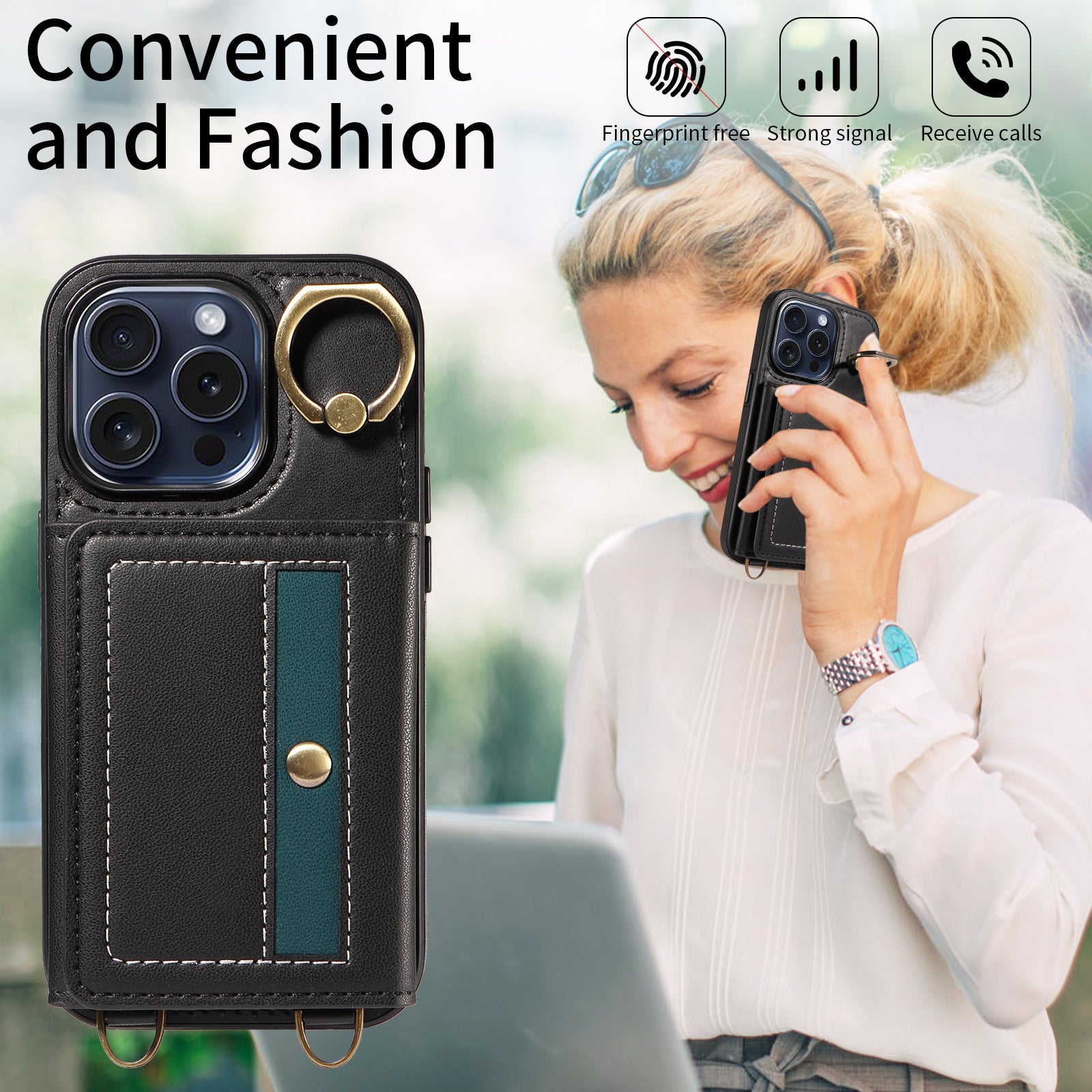007 For iPhone 15 Pro Case with Ring Holder Leather+TPU Phone Cover
