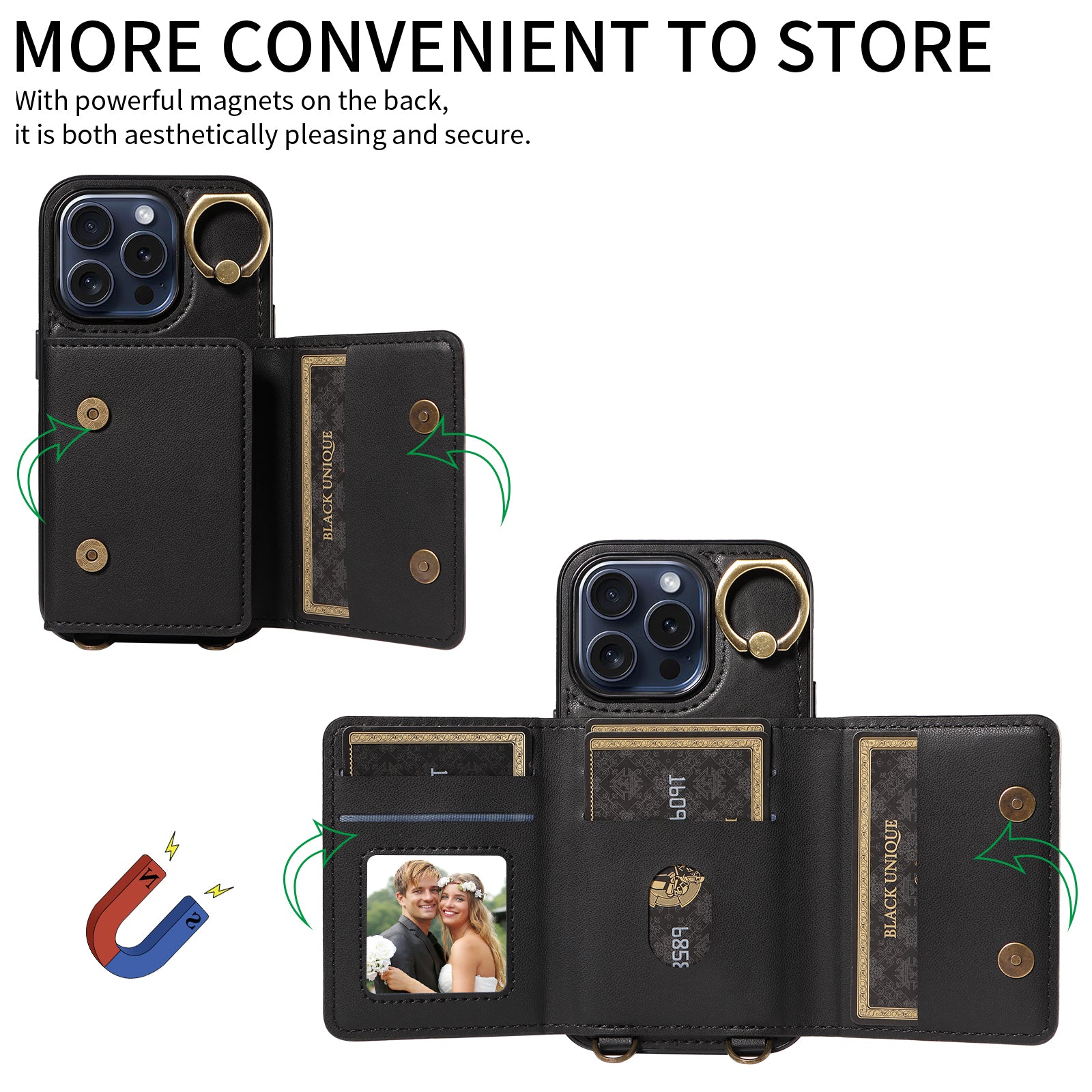 007 For iPhone 15 Pro Case with Ring Holder Leather+TPU Phone Cover