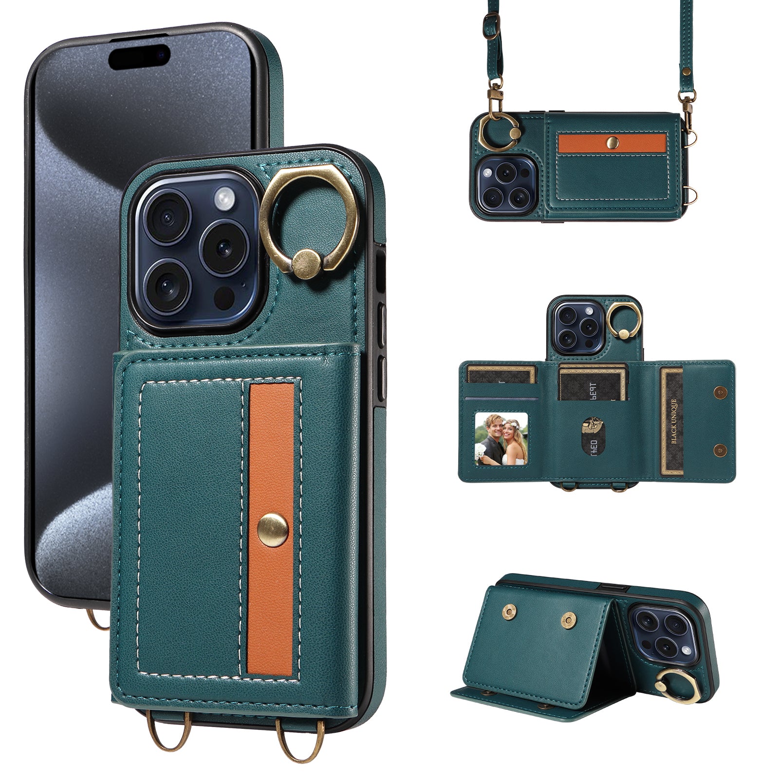 007 For iPhone 15 Pro Case with Ring Holder Leather+TPU Phone Cover