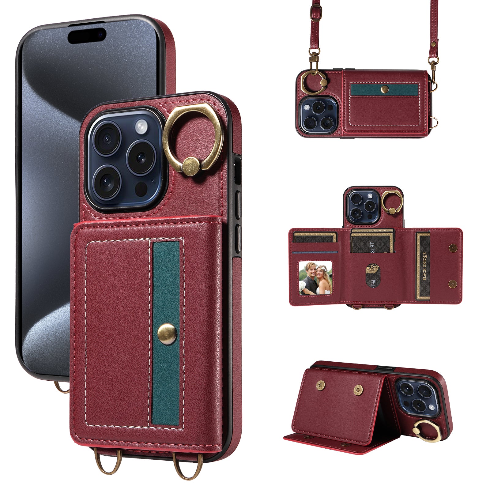 007 For iPhone 15 Pro Case with Ring Holder Leather+TPU Phone Cover