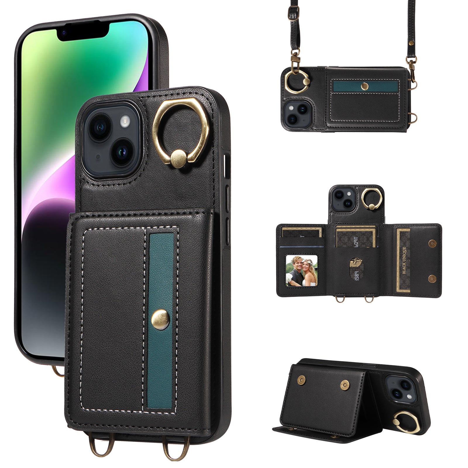 007 For iPhone 14 Case Ring Kickstand PU Leather+TPU Shockproof Phone Cover