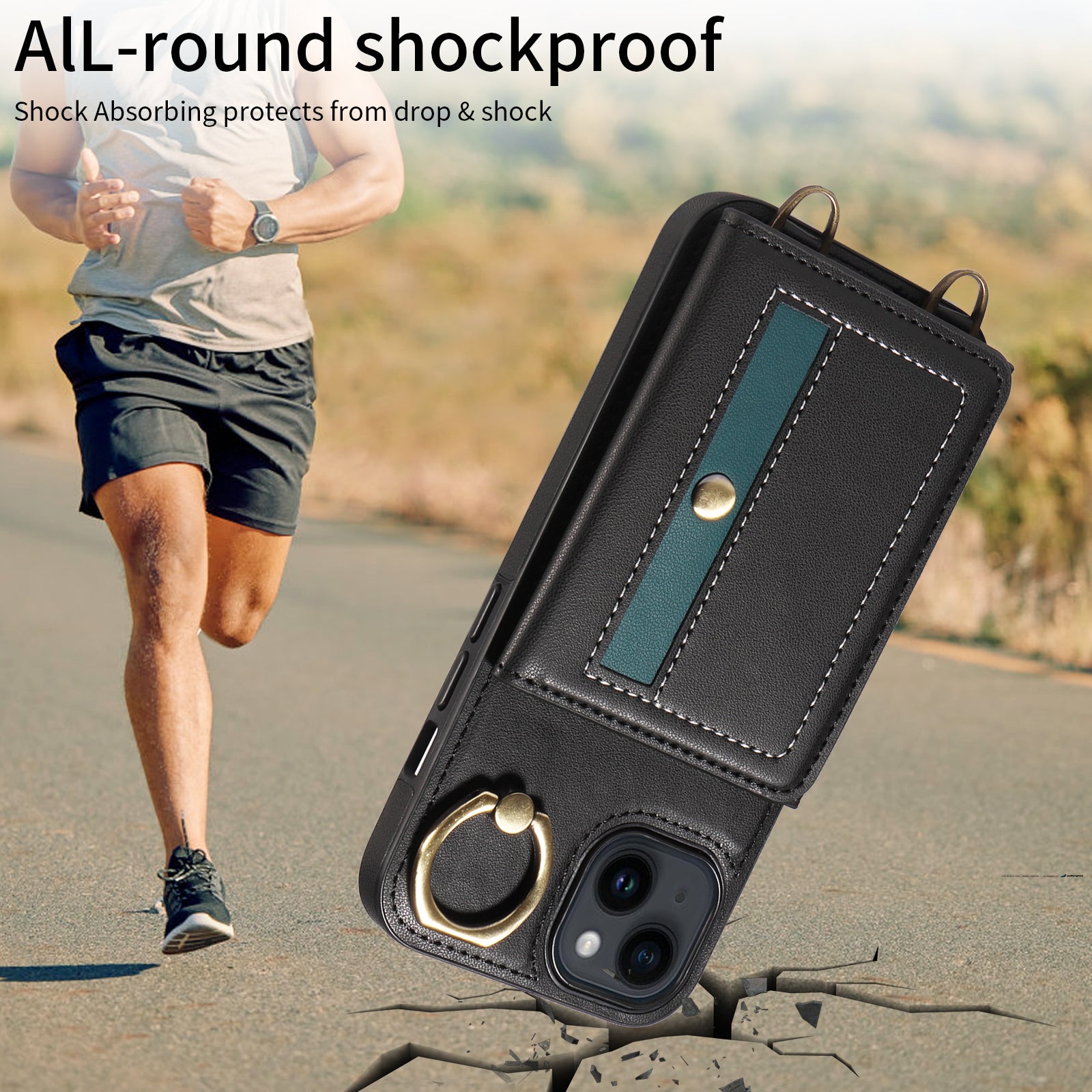 007 For iPhone 14 Case Ring Kickstand PU Leather+TPU Shockproof Phone Cover