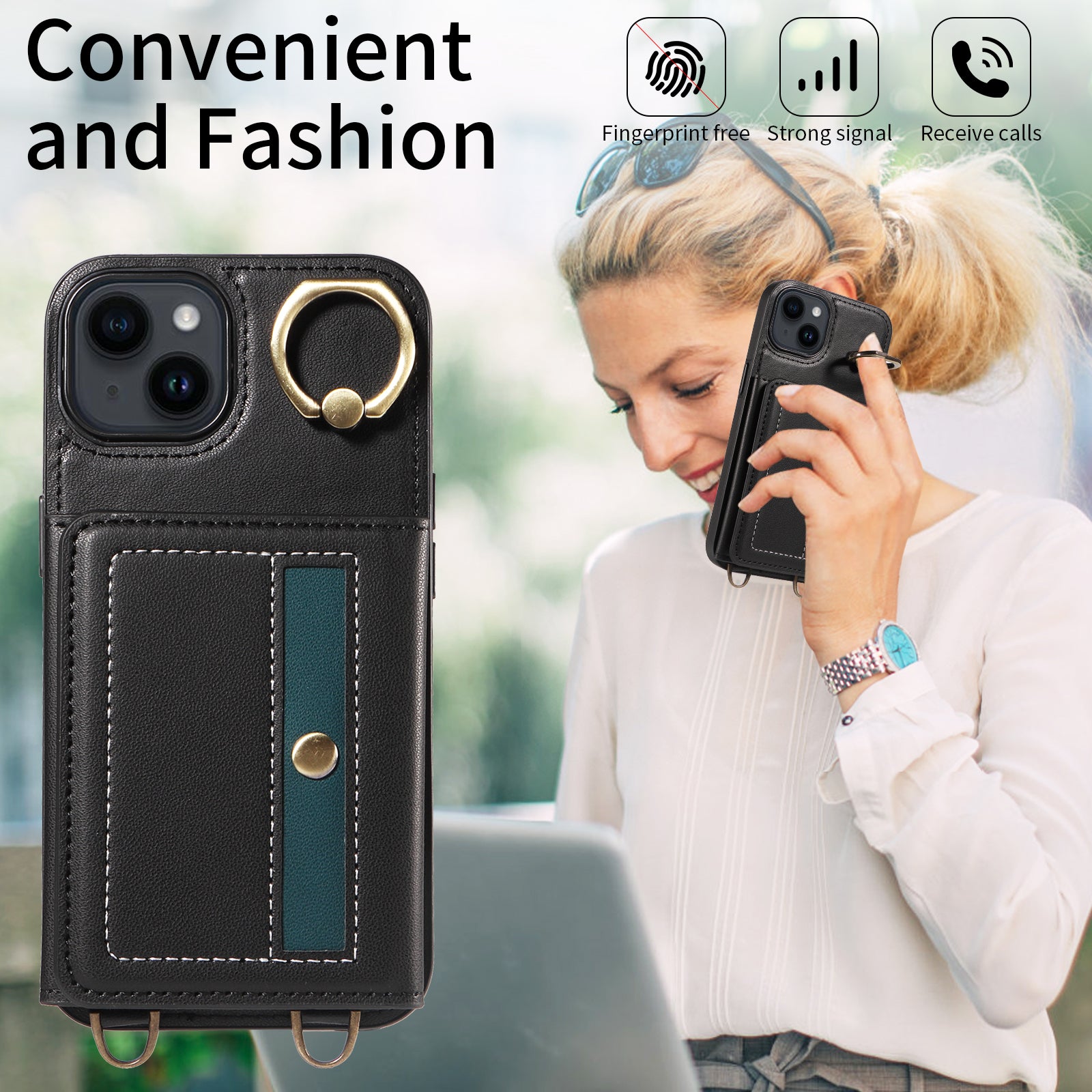 007 For iPhone 14 Case Ring Kickstand PU Leather+TPU Shockproof Phone Cover