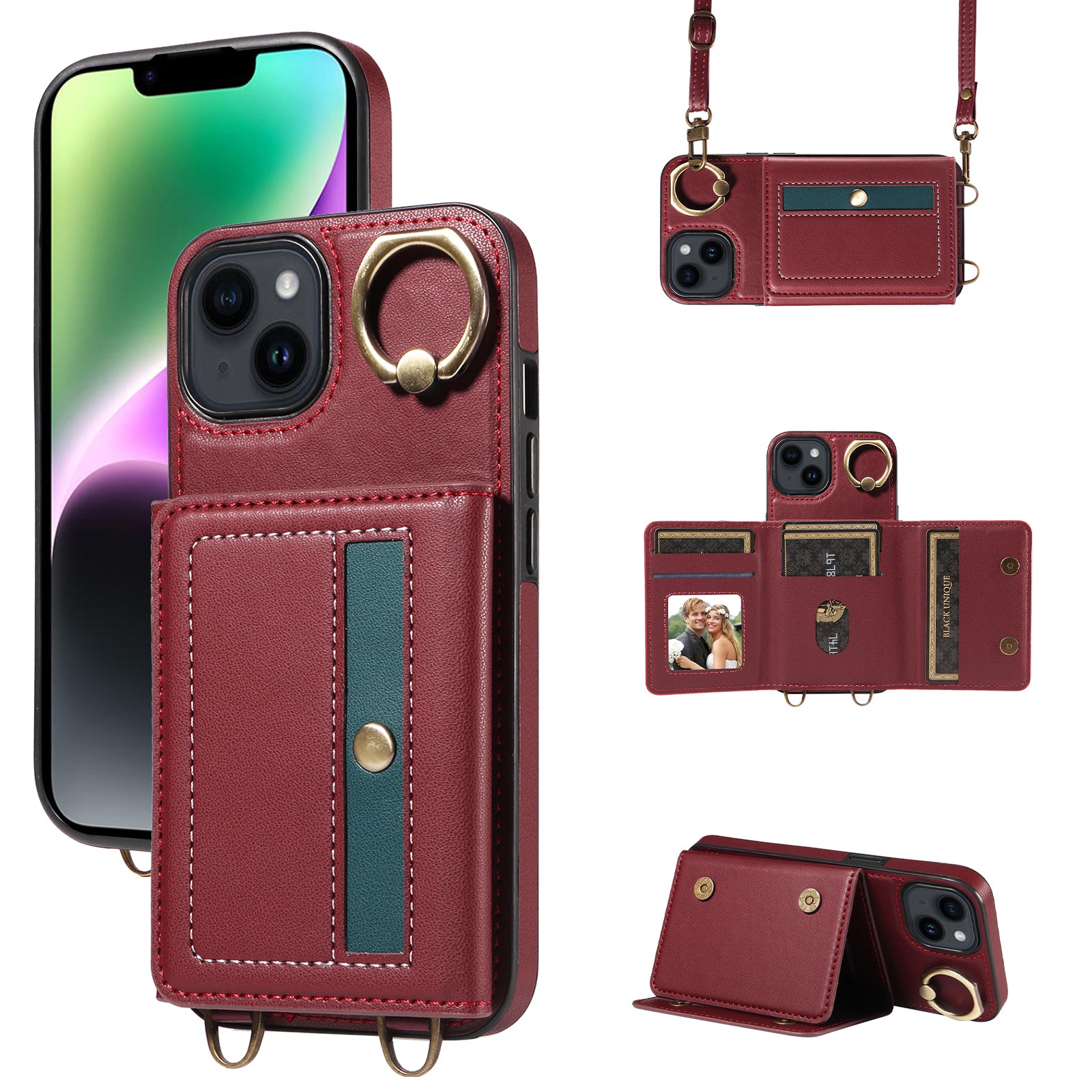 007 For iPhone 14 Case Ring Kickstand PU Leather+TPU Shockproof Phone Cover