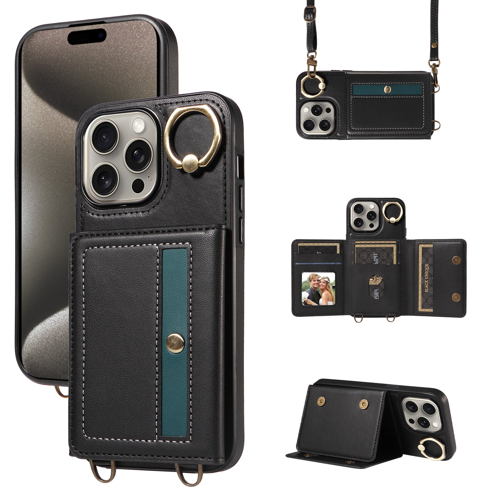 007 For iPhone 15 Pro Max Case PU Leather+TPU Kickstand Phone Cover with Shoulder Strap