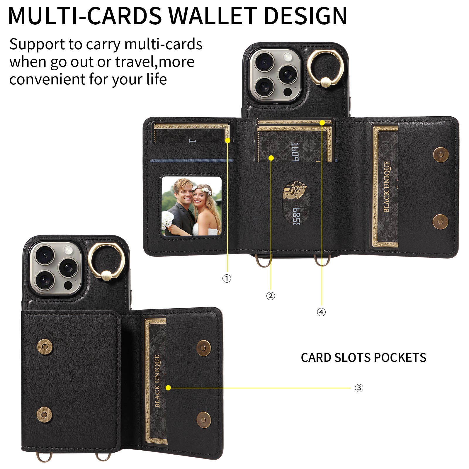 007 For iPhone 15 Pro Max Case PU Leather+TPU Kickstand Phone Cover with Shoulder Strap