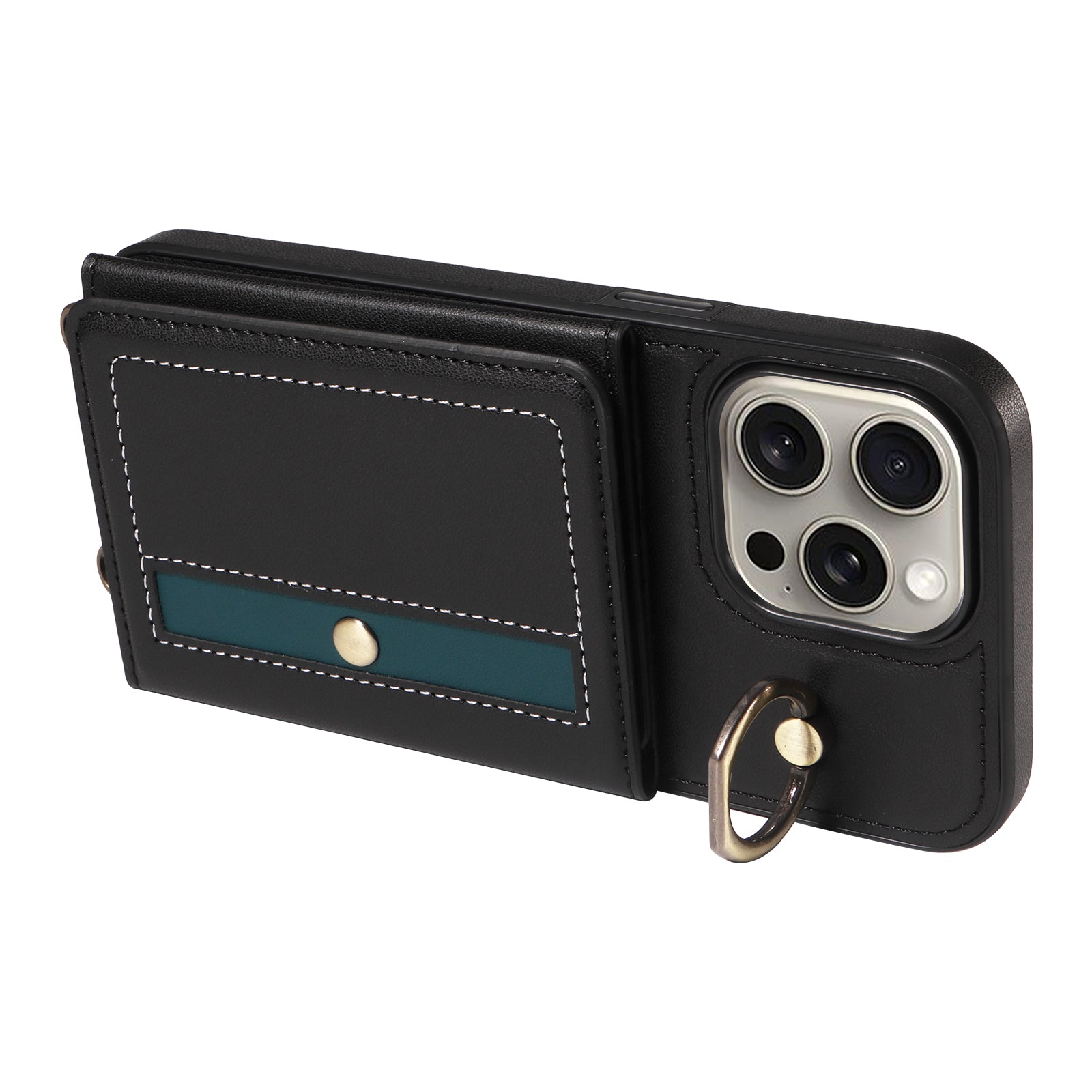 007 For iPhone 15 Pro Max Case PU Leather+TPU Kickstand Phone Cover with Shoulder Strap