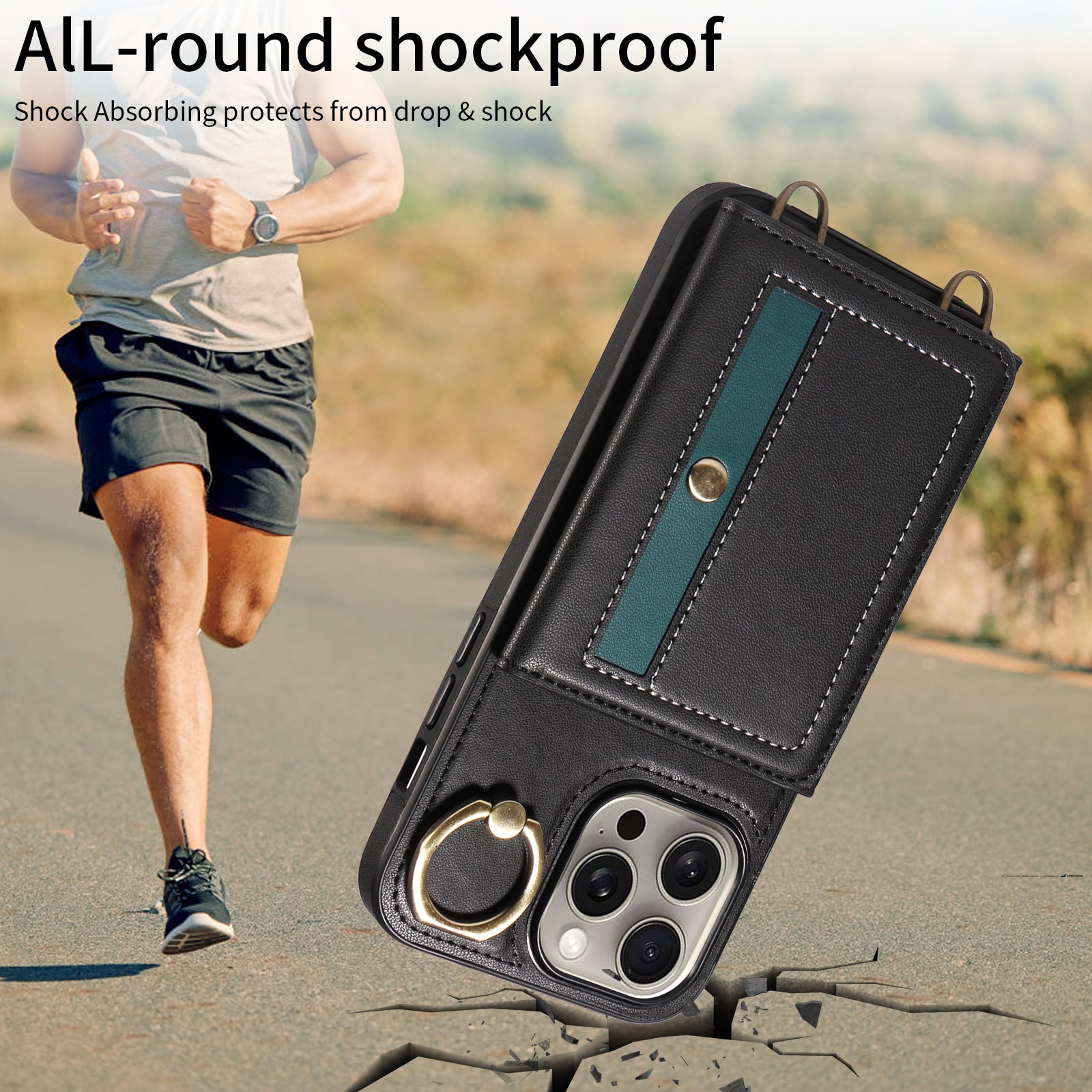 007 For iPhone 15 Pro Max Case PU Leather+TPU Kickstand Phone Cover with Shoulder Strap