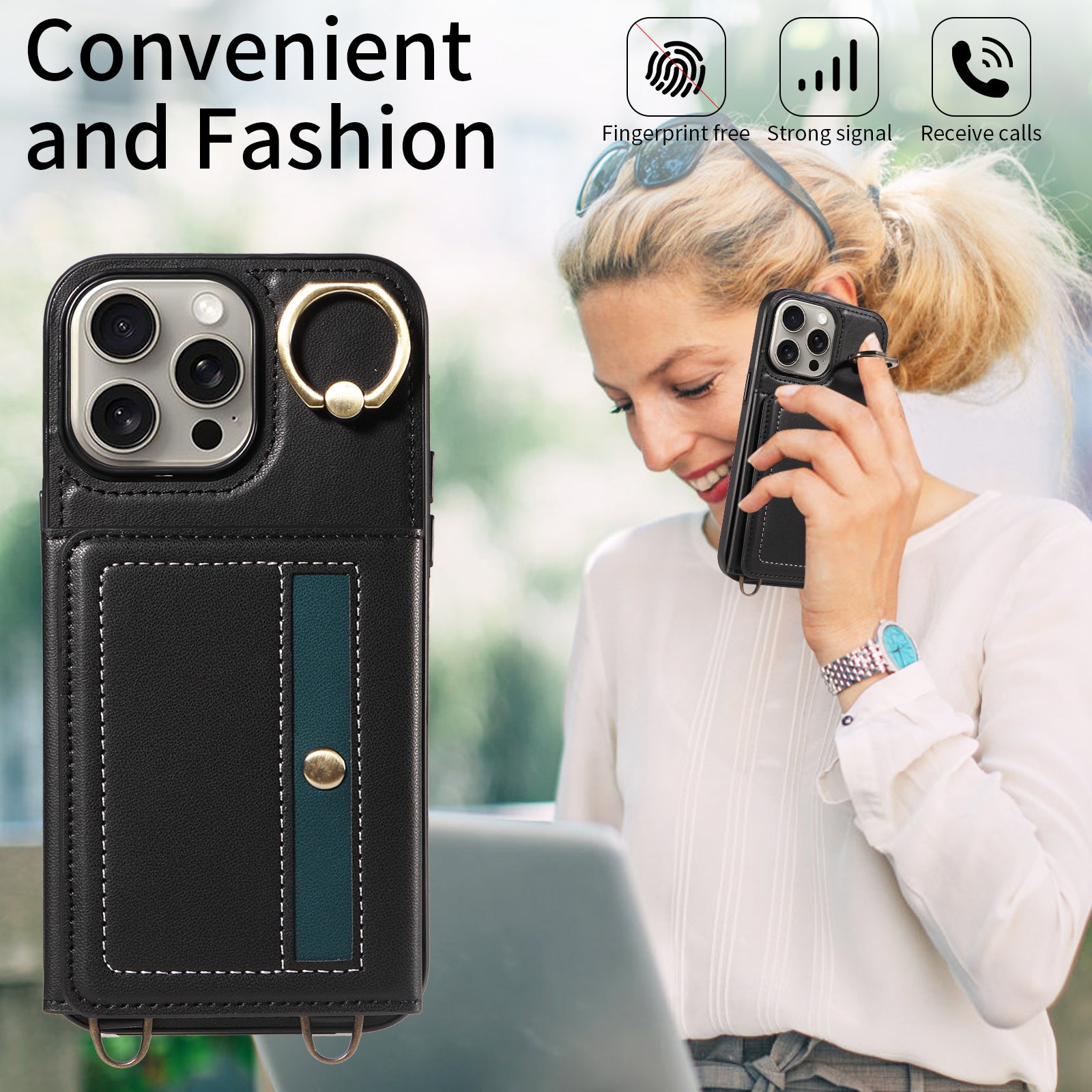 007 For iPhone 15 Pro Max Case PU Leather+TPU Kickstand Phone Cover with Shoulder Strap