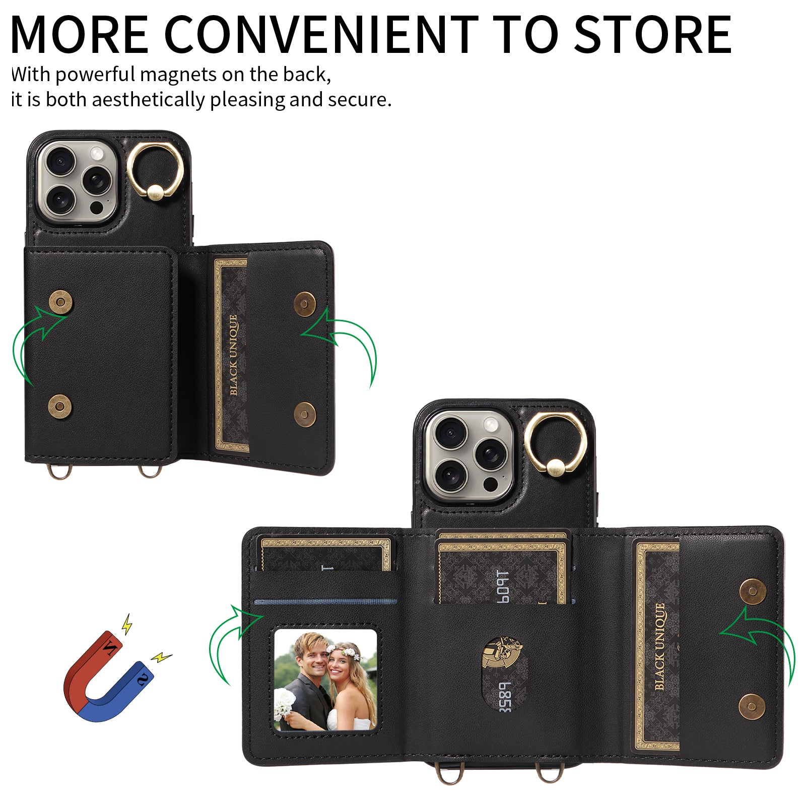 007 For iPhone 15 Pro Max Case PU Leather+TPU Kickstand Phone Cover with Shoulder Strap