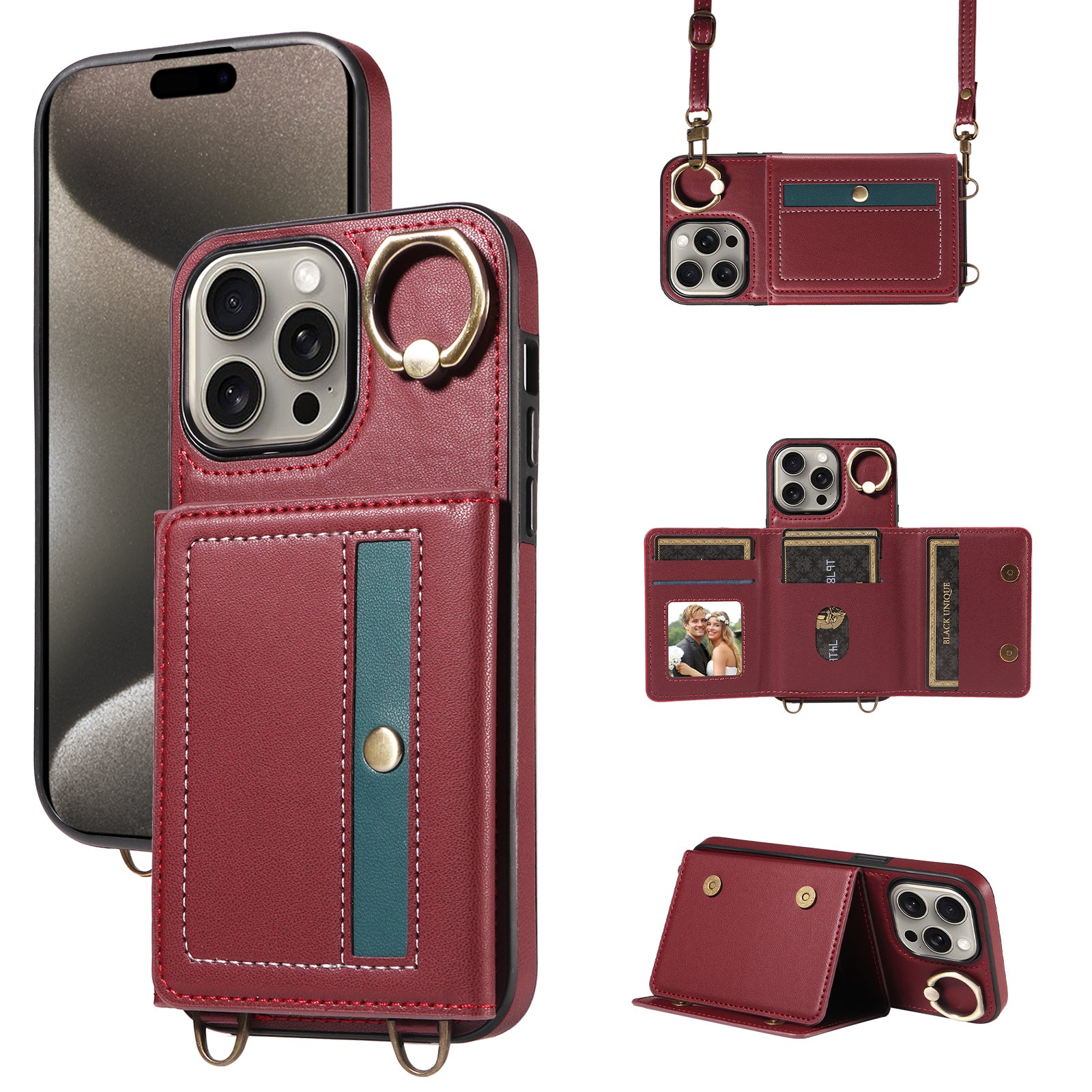 007 For iPhone 15 Pro Max Case PU Leather+TPU Kickstand Phone Cover with Shoulder Strap