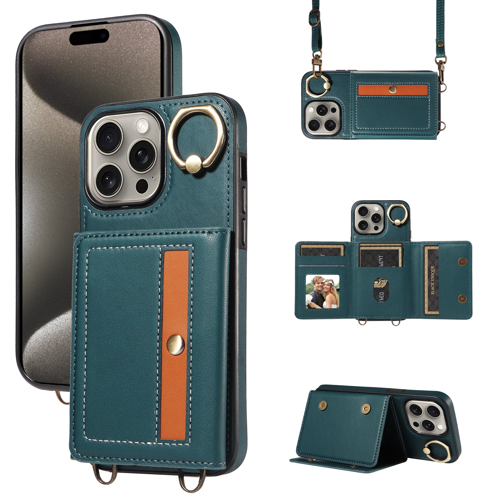 007 For iPhone 15 Pro Max Case PU Leather+TPU Kickstand Phone Cover with Shoulder Strap