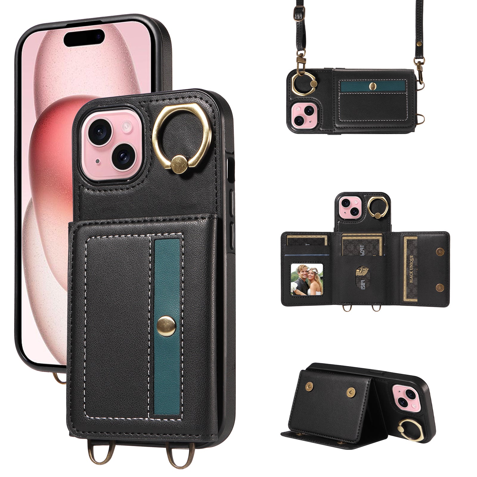 007 For iPhone 15 Case with Card Holder PU Leather+TPU Phone Cover