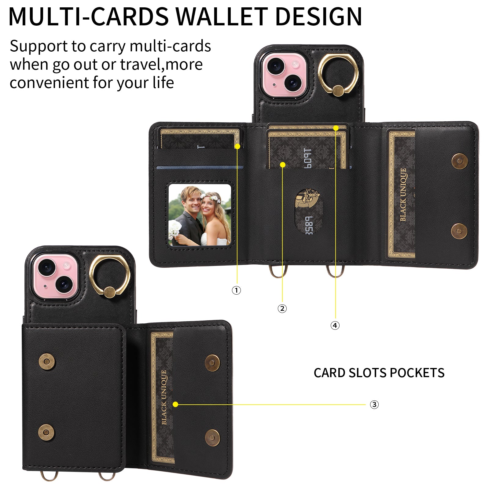 007 For iPhone 15 Case with Card Holder PU Leather+TPU Phone Cover