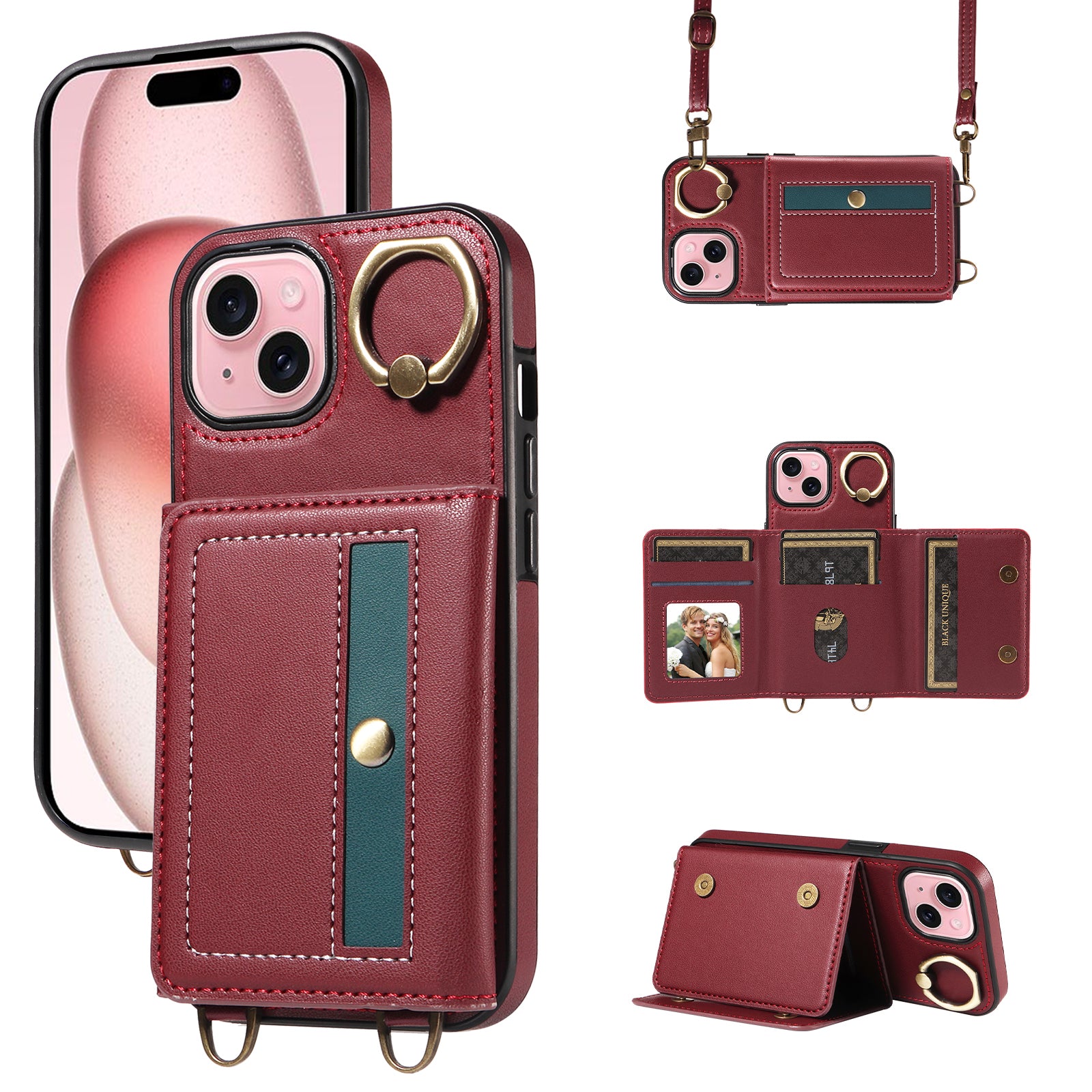 007 For iPhone 15 Case with Card Holder PU Leather+TPU Phone Cover