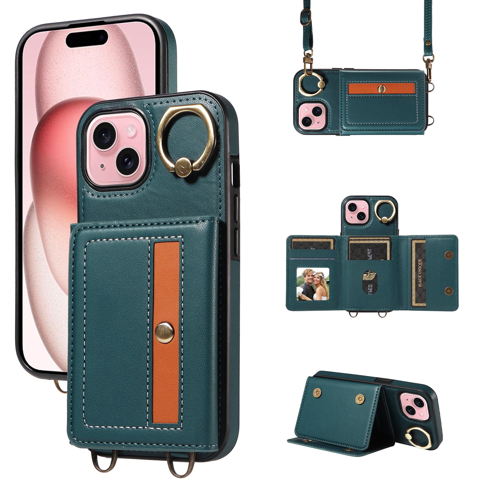 007 For iPhone 15 Case with Card Holder PU Leather+TPU Phone Cover