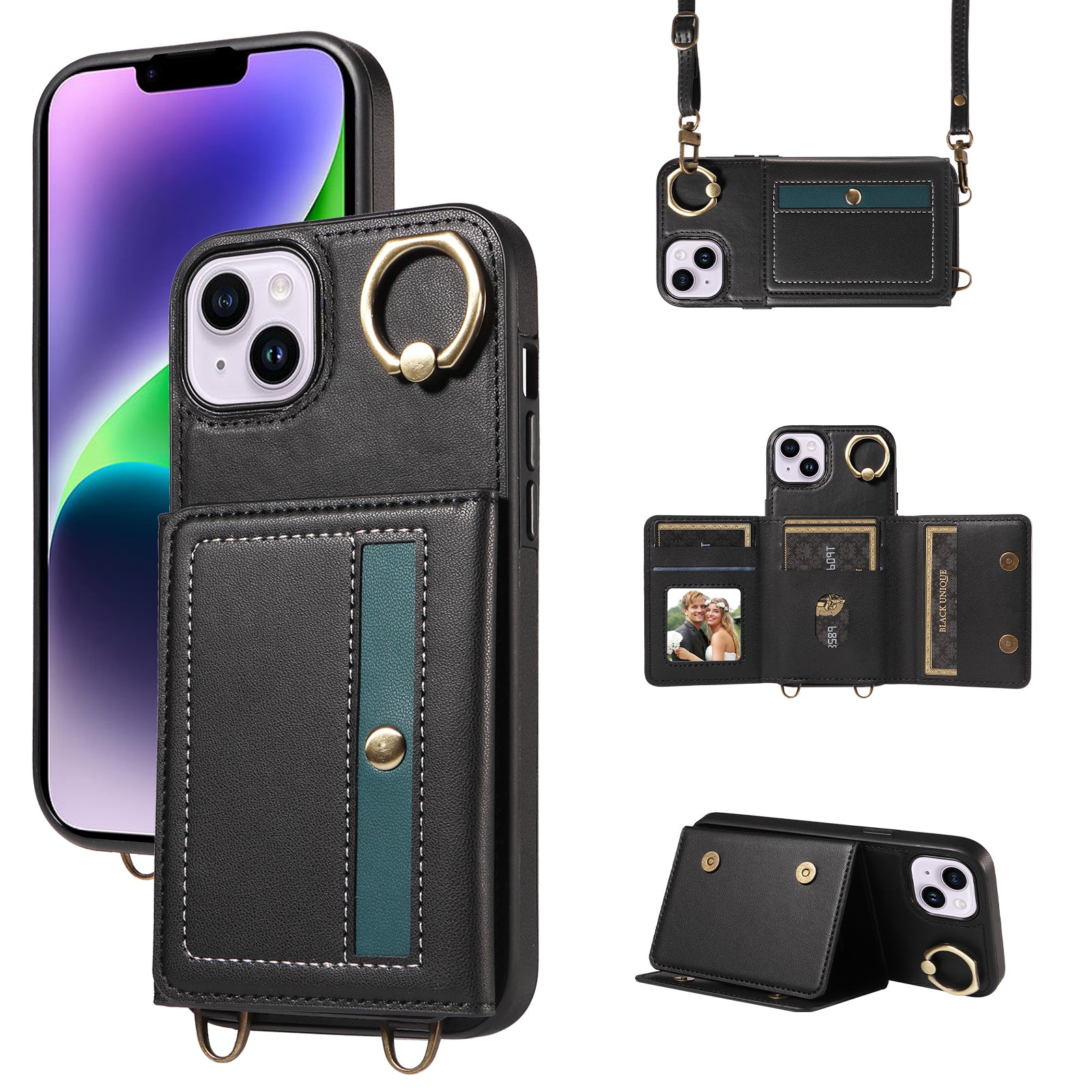 007 For iPhone 15 Plus Crossbody Case PU Leather+TPU Calf Texture Phone Cover