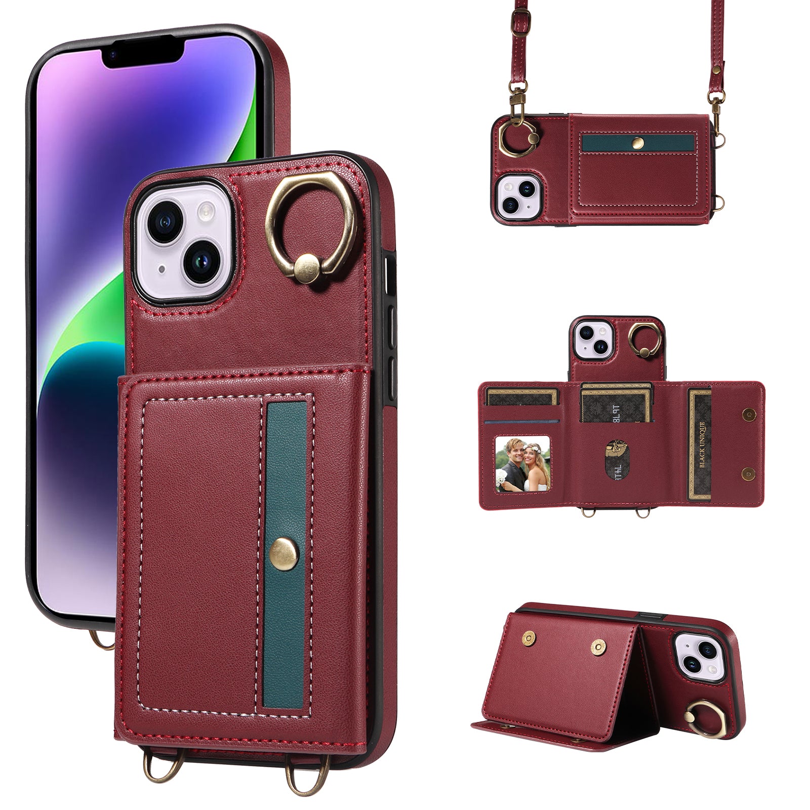007 For iPhone 15 Plus Crossbody Case PU Leather+TPU Calf Texture Phone Cover