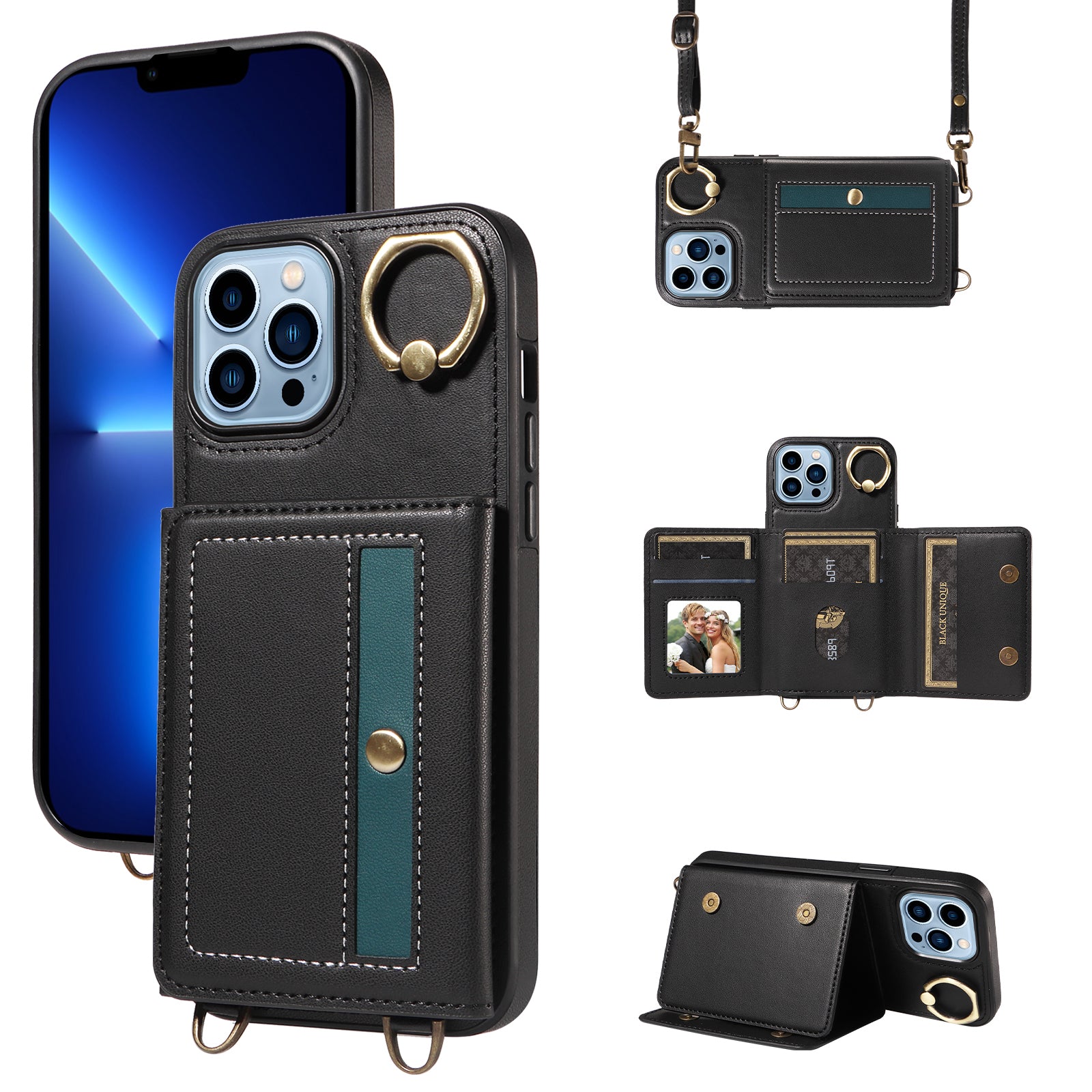 007 For iPhone 13 Pro Max Case Ring Kickstand PU Leather Coated TPU Phone Cover