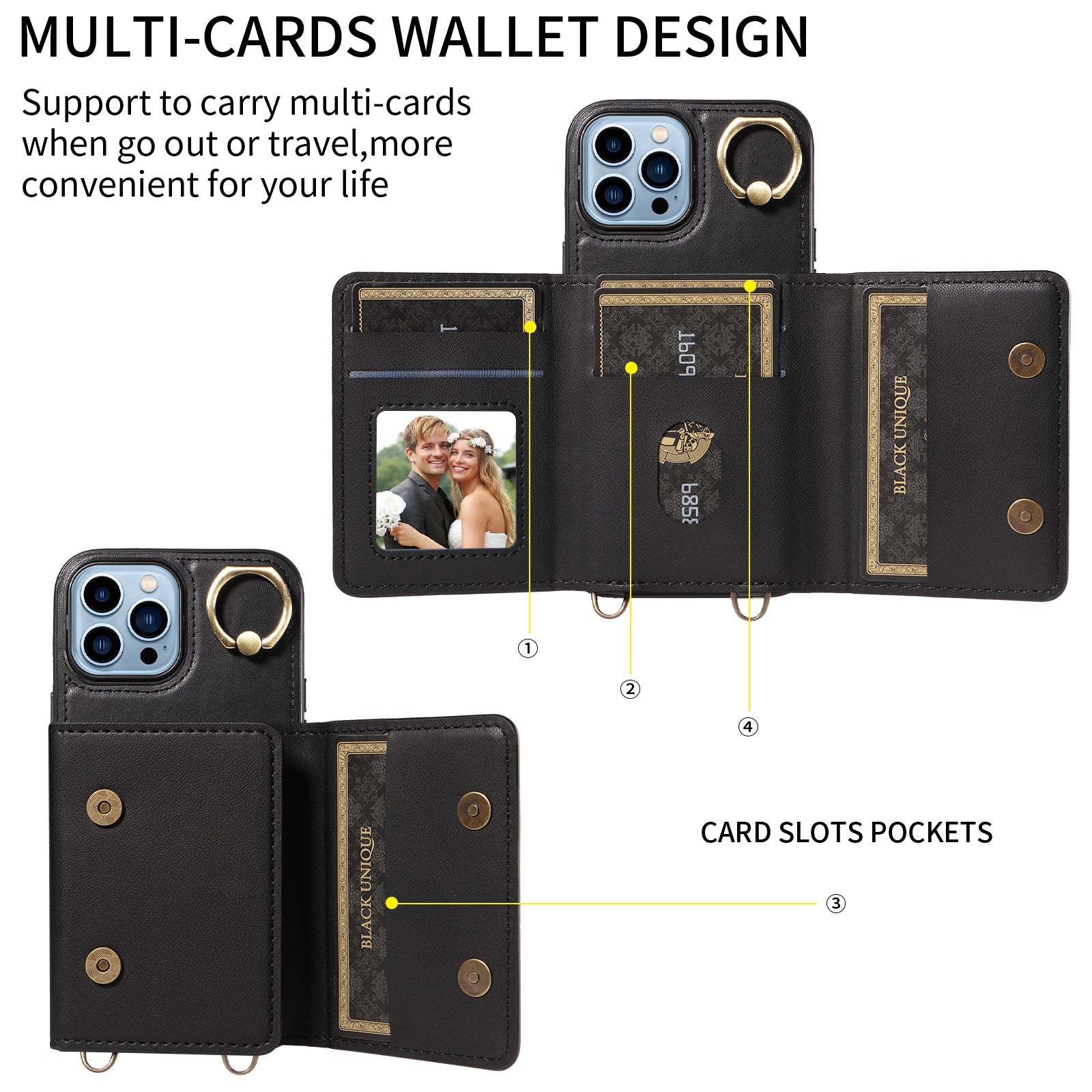 007 For iPhone 13 Pro Max Case Ring Kickstand PU Leather Coated TPU Phone Cover