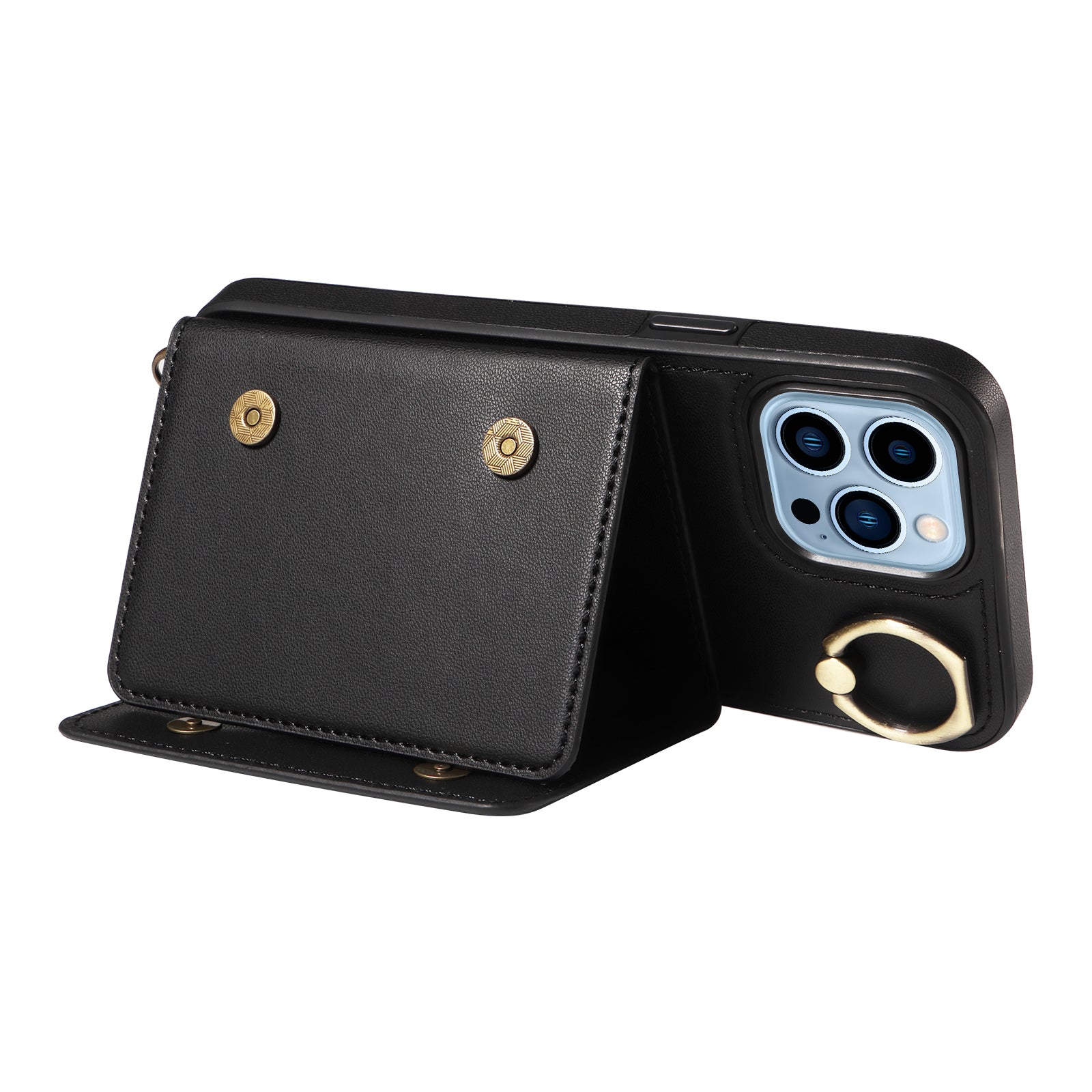 007 For iPhone 13 Pro Max Case Ring Kickstand PU Leather Coated TPU Phone Cover