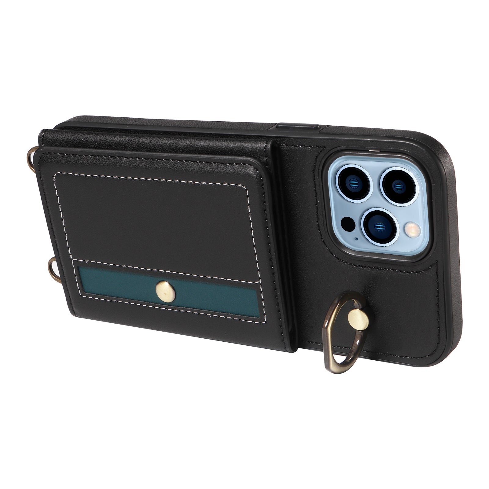 007 For iPhone 13 Pro Max Case Ring Kickstand PU Leather Coated TPU Phone Cover