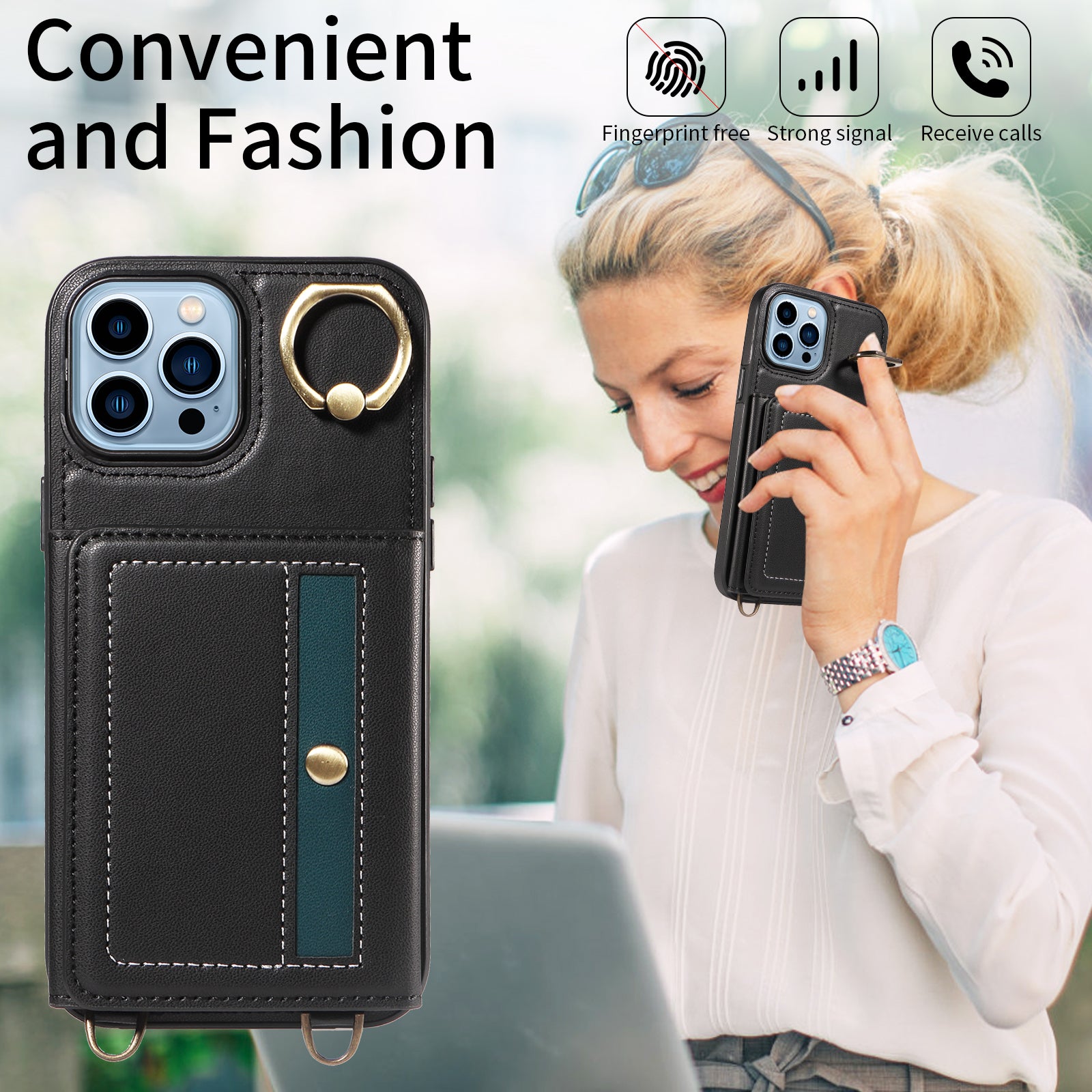 007 For iPhone 13 Pro Max Case Ring Kickstand PU Leather Coated TPU Phone Cover