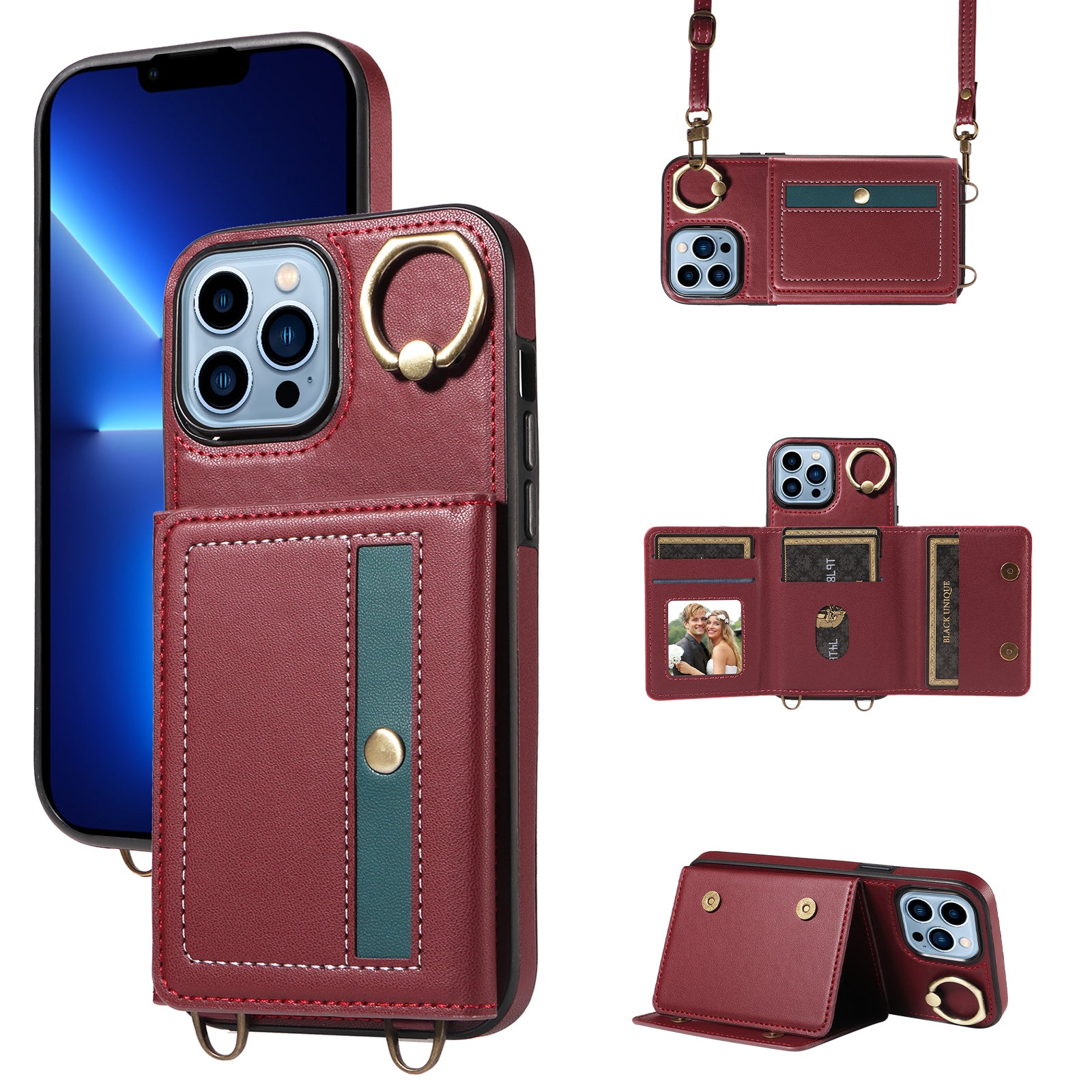 007 For iPhone 13 Pro Max Case Ring Kickstand PU Leather Coated TPU Phone Cover