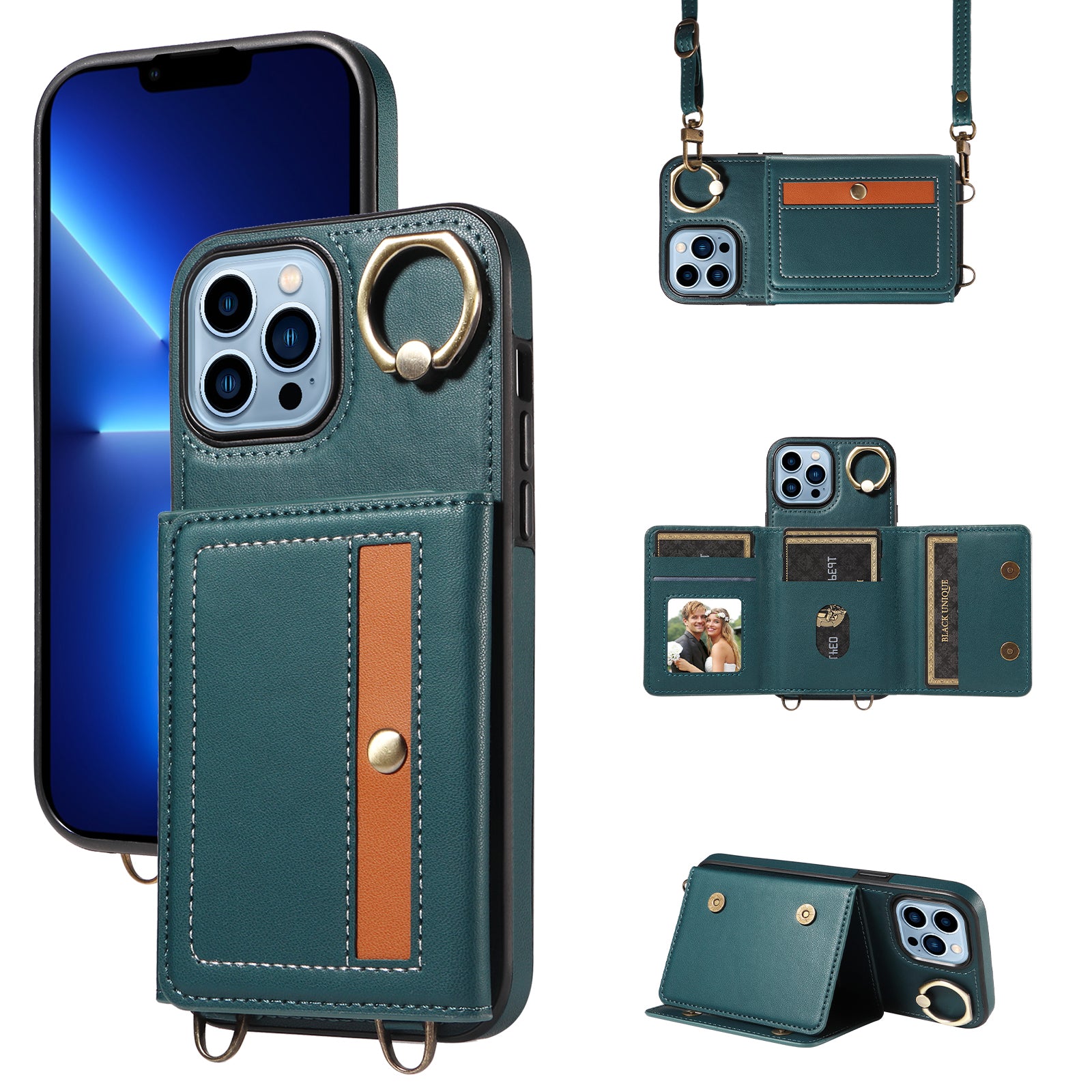 007 For iPhone 13 Pro Max Case Ring Kickstand PU Leather Coated TPU Phone Cover