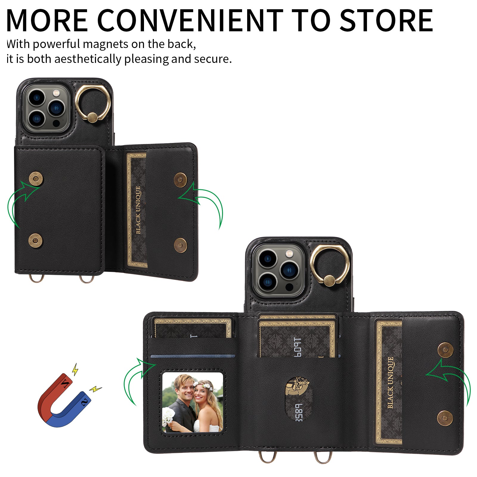 007 For iPhone 13 Pro Case Leather+TPU Phone Cover with Ring Holder Card Slots