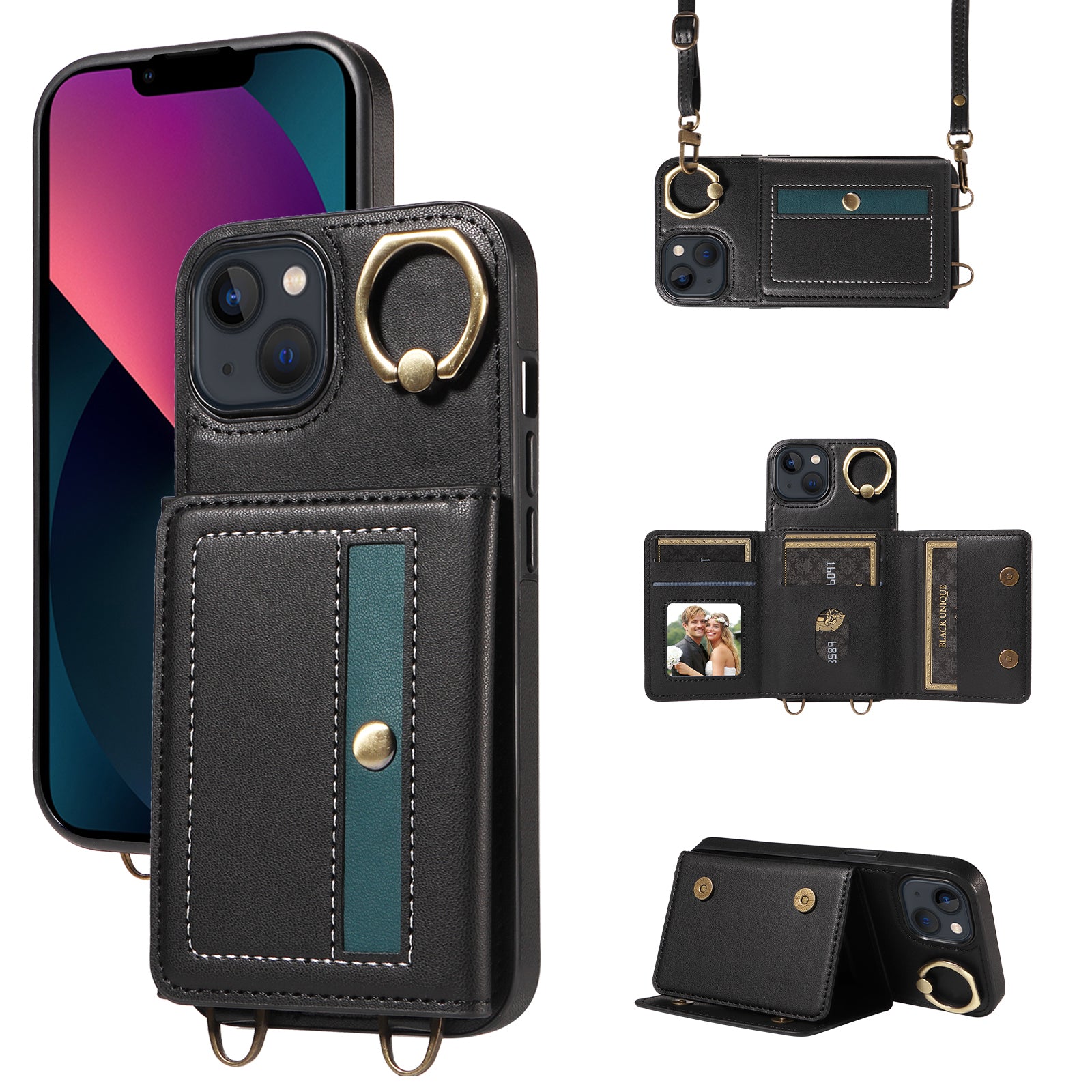 007 For iPhone 13 Case Ring Kickstand Calf Texture Leather Phone Back Cover