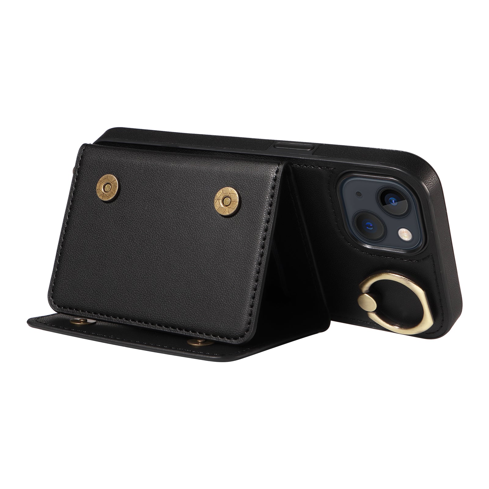 007 For iPhone 13 Case Ring Kickstand Calf Texture Leather Phone Back Cover