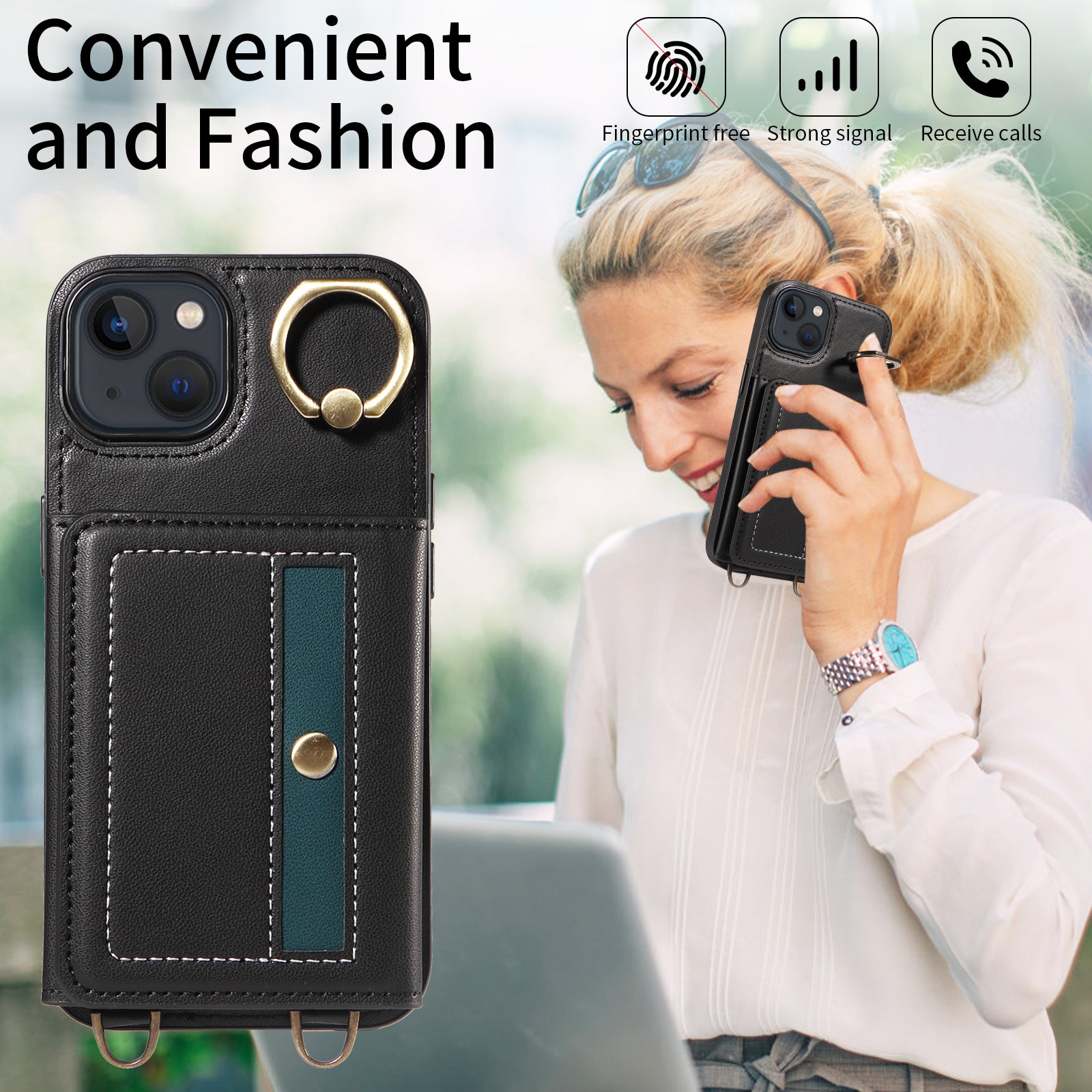 007 For iPhone 13 Case Ring Kickstand Calf Texture Leather Phone Back Cover