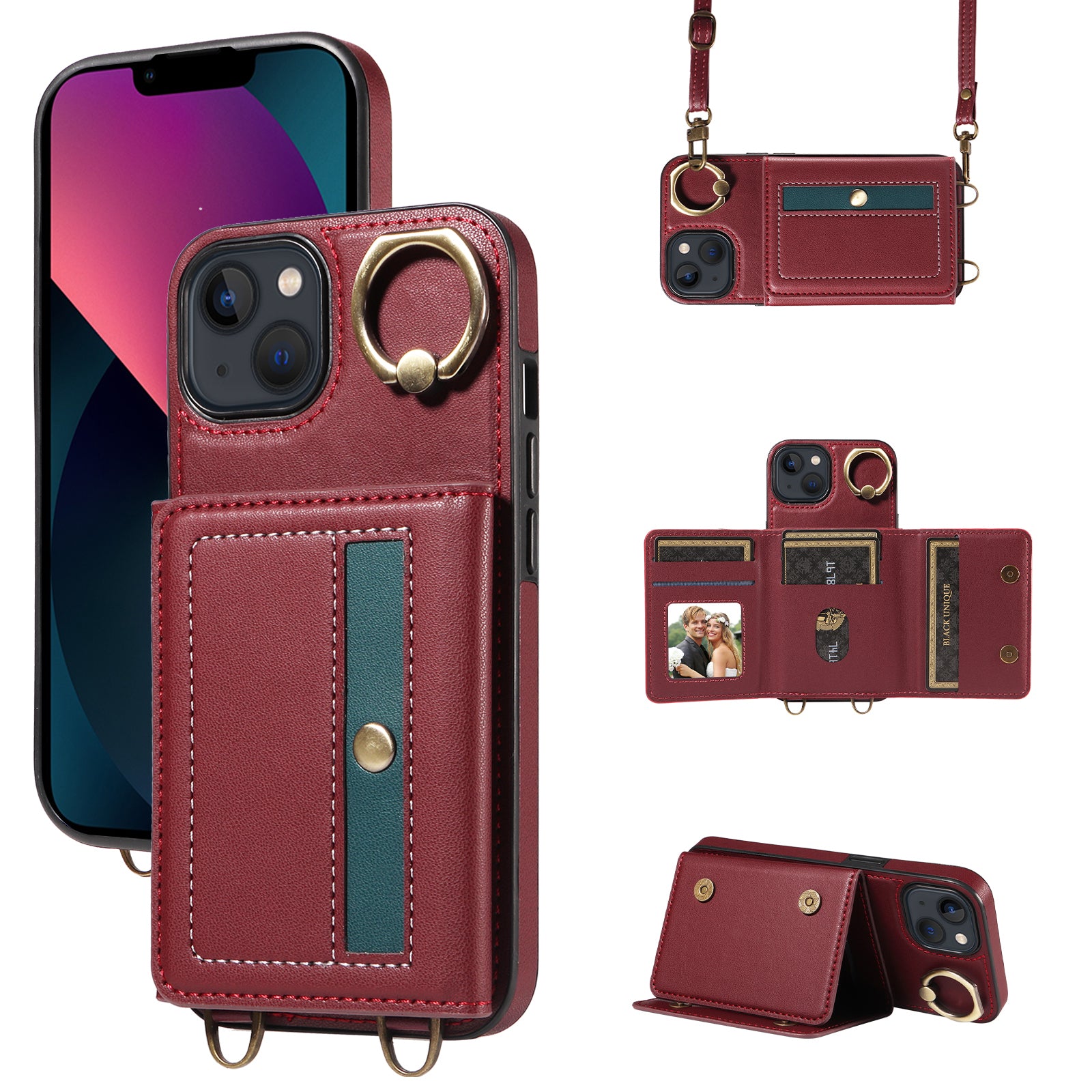007 For iPhone 13 Case Ring Kickstand Calf Texture Leather Phone Back Cover