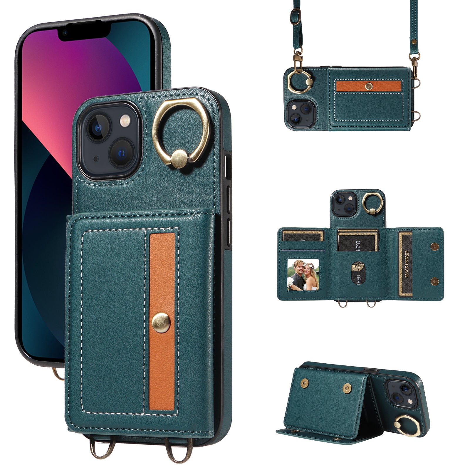 007 For iPhone 13 Case Ring Kickstand Calf Texture Leather Phone Back Cover