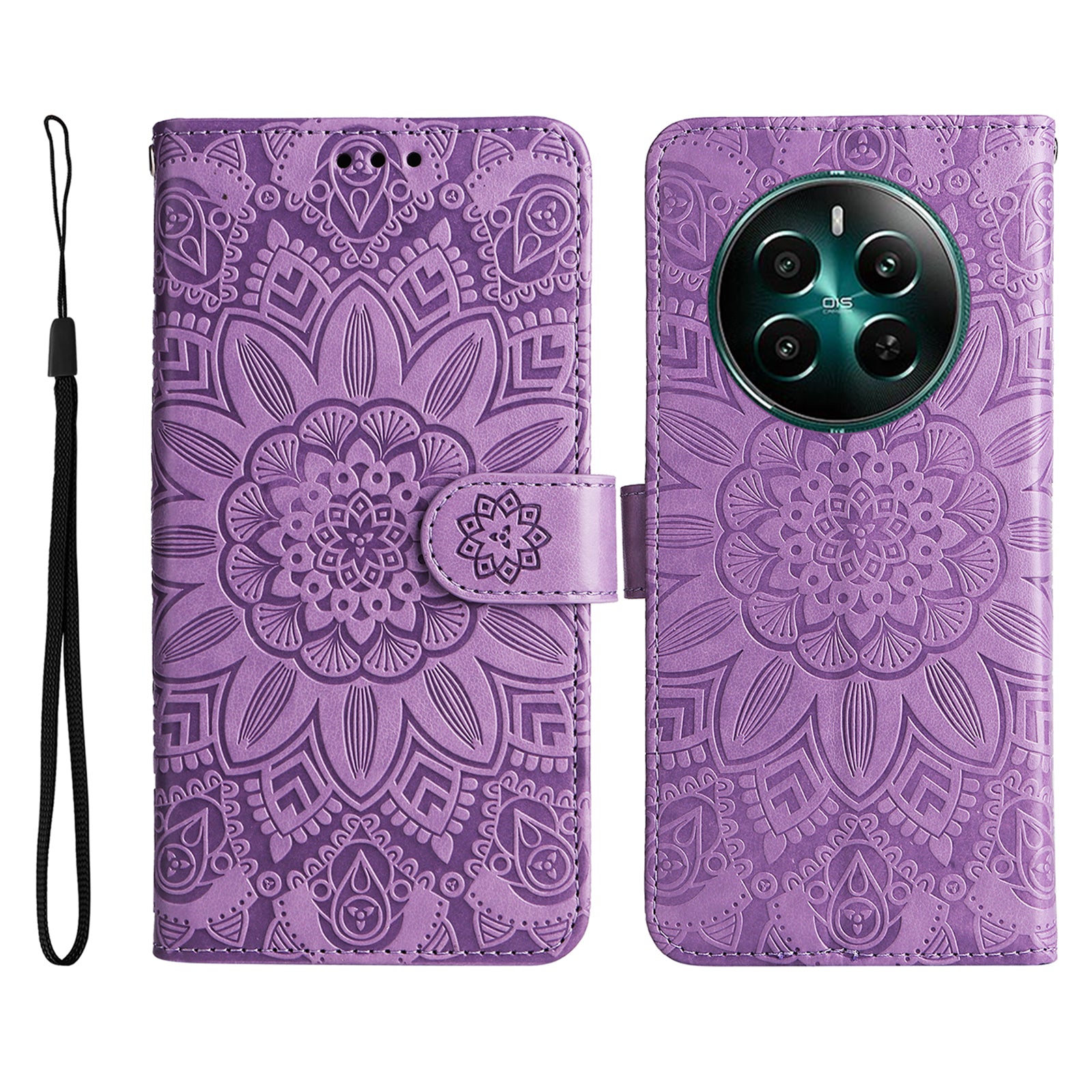 For Realme 12+ 5G Wallet Case Sunflower Imprinted Leather Flip Phone Cover