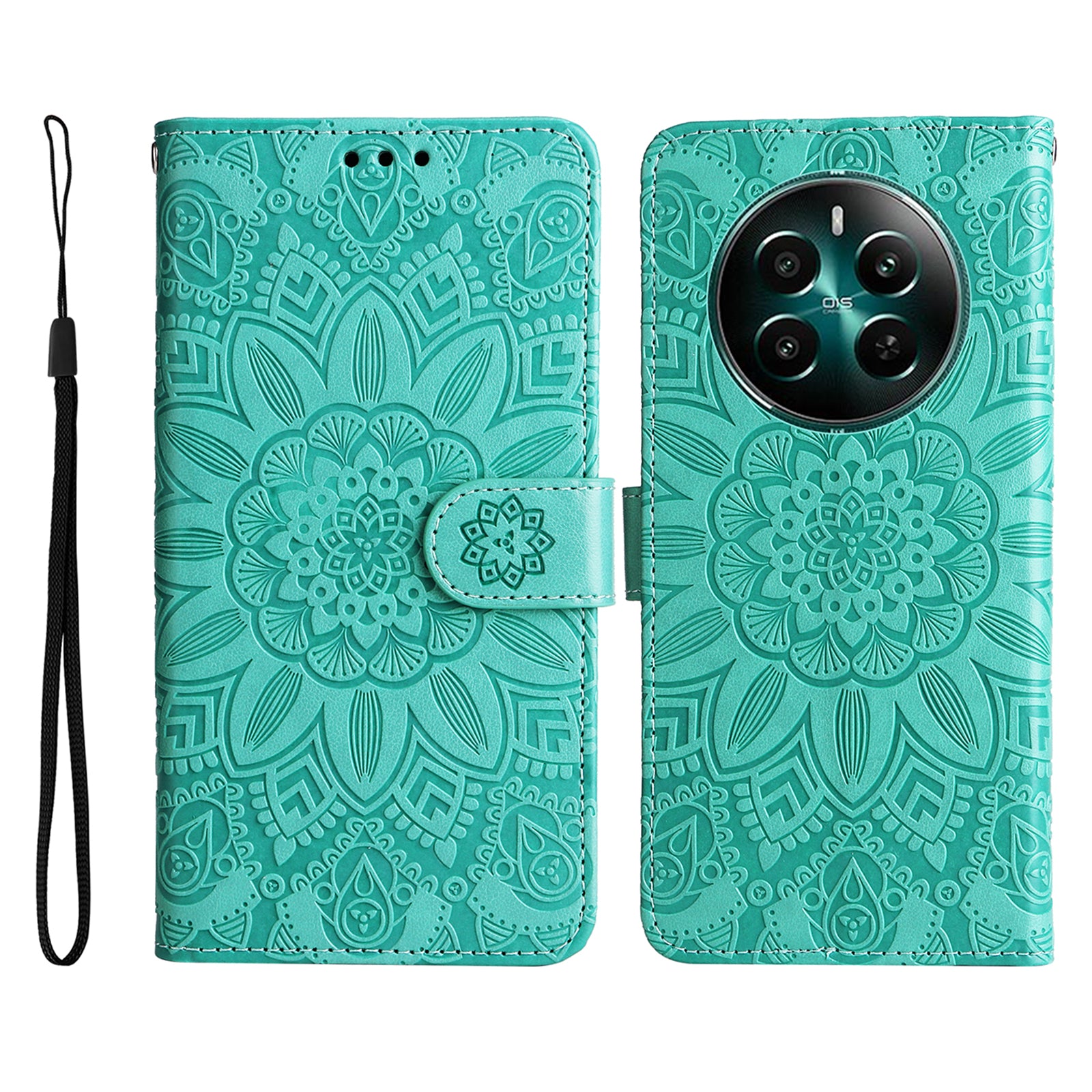 For Realme 12+ 5G Wallet Case Sunflower Imprinted Leather Flip Phone Cover