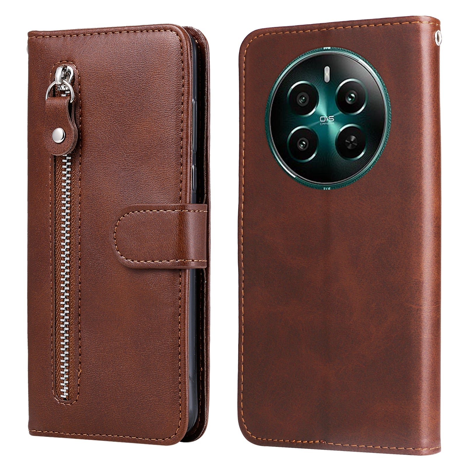 For Realme 12+ 5G Case 3 Card Holder Slots Zipper Pocket Leather Phone Cover
