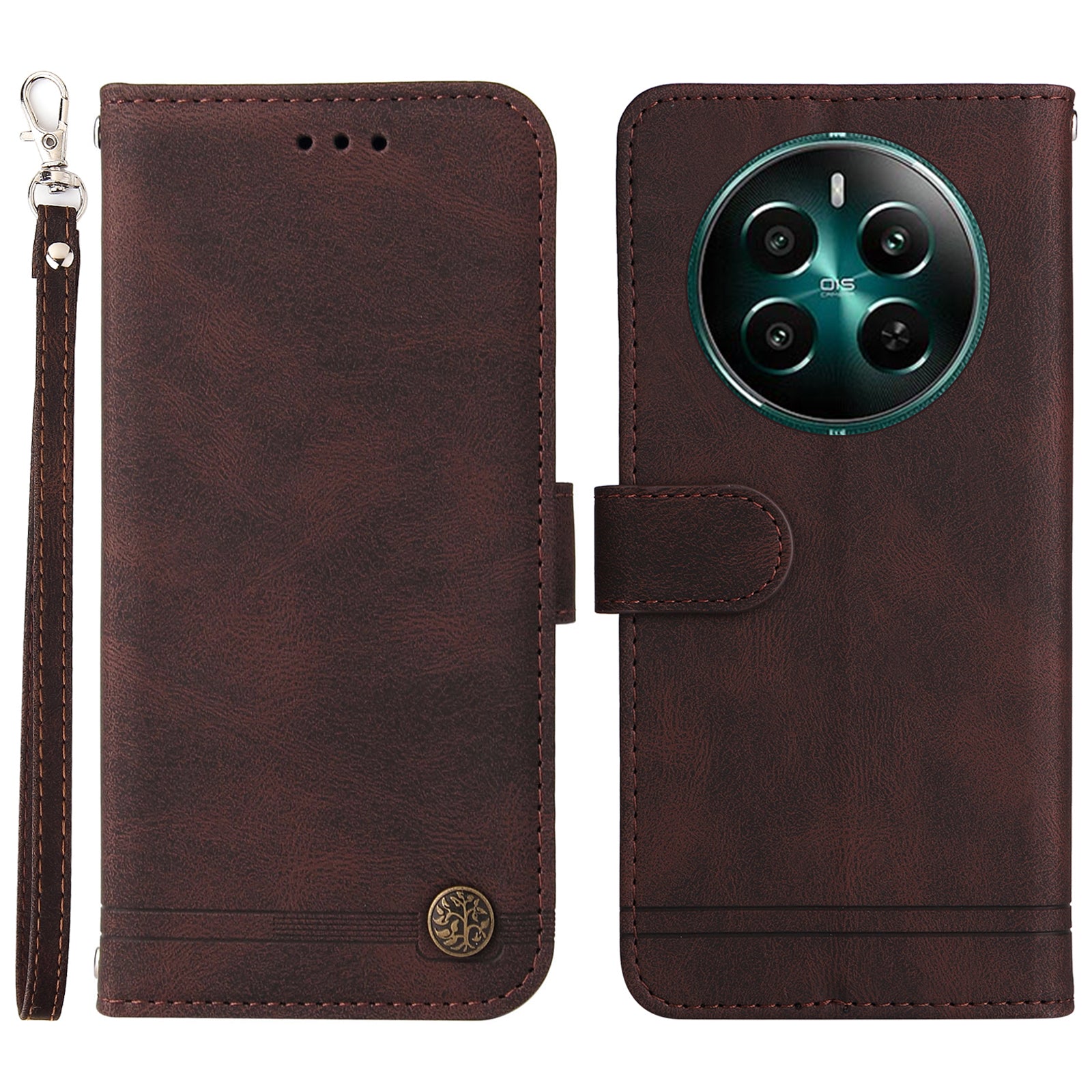 For Realme 12+ 5G Case Hardware Tree Decor Leather Wallet Phone Cover