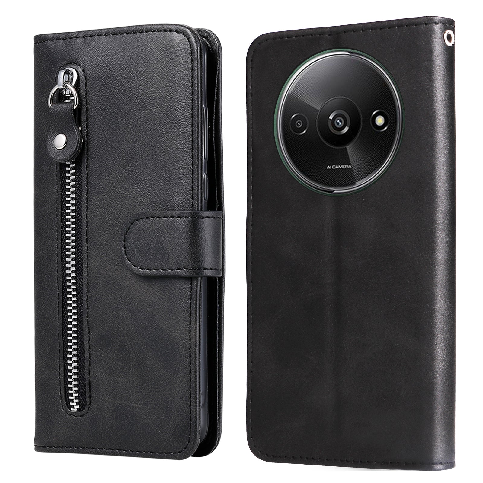 For Xiaomi Redmi A3 / Poco C61 4G Magnetic Case Zipper Pocket Phone Cover with Calf Texture