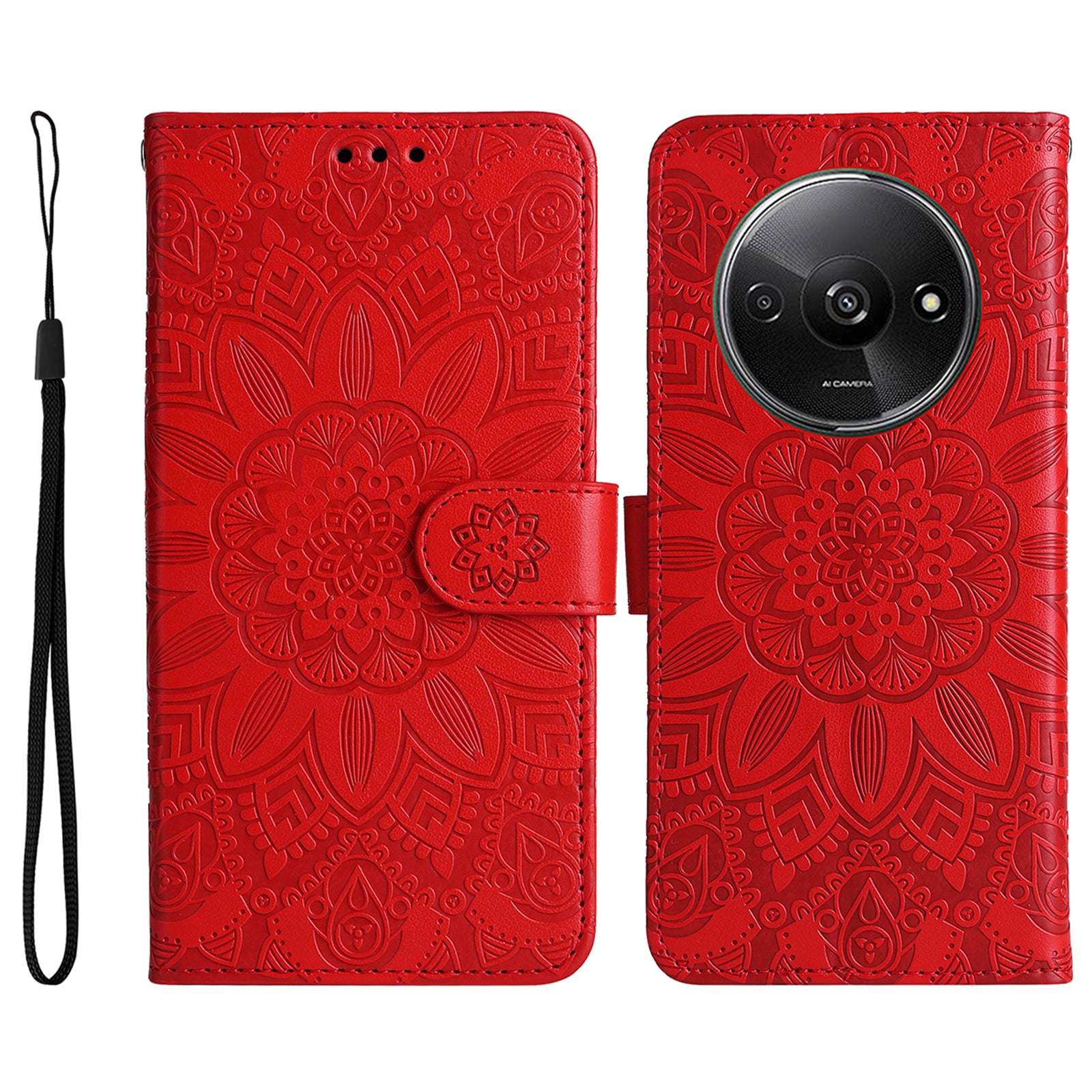 For Xiaomi Redmi A3 / Poco C61 4G Cell Phone Case Imprinted Flower Stand Cover with Handy Strap